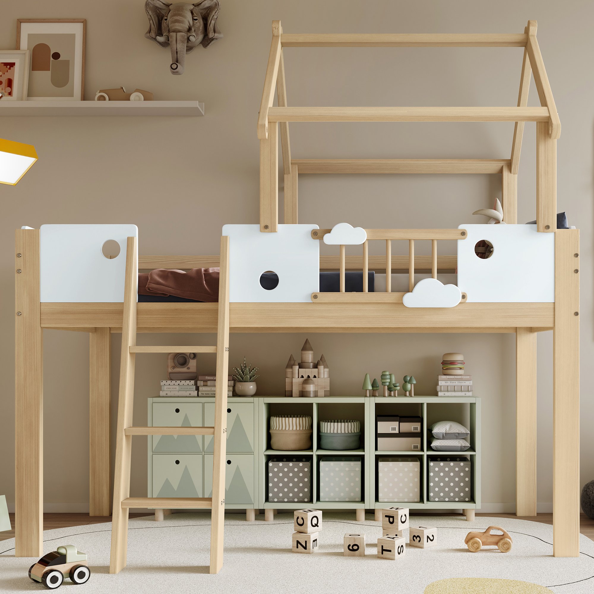 Lit mezzanine 90x200 avec escalier et garde-corps, design toit, pin blanc naturel
