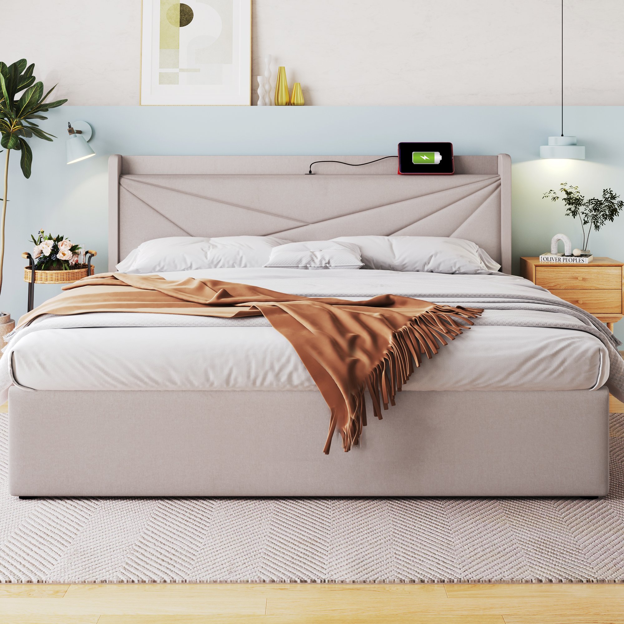 lit coffre 140x200 avec structure en métal et bois, revêtement en coton lin beige, tête de lit rembourrée et sommier à lattes
