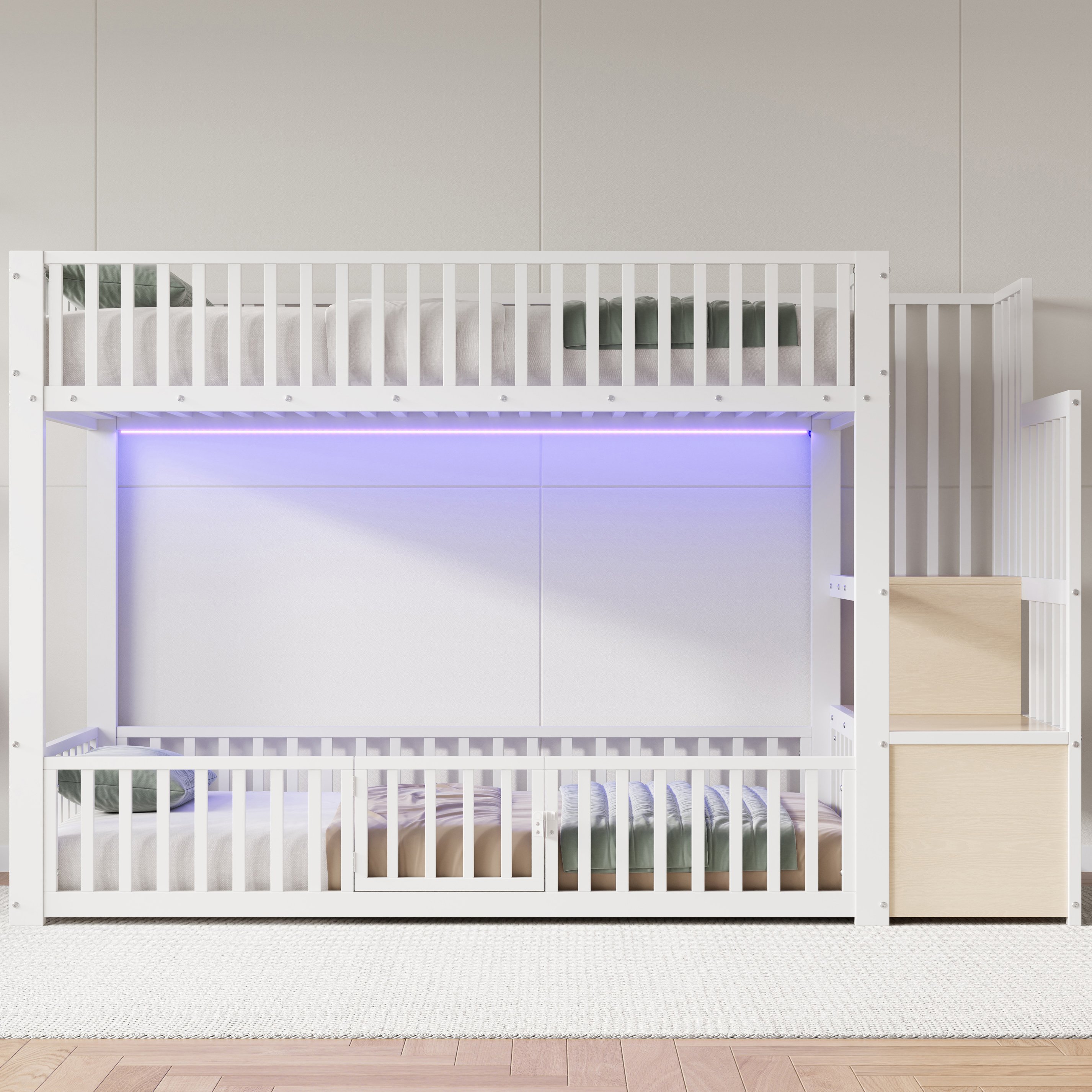 Lit superposé 90x200 avec échelle de rangement, LED, blanc, pour enfants