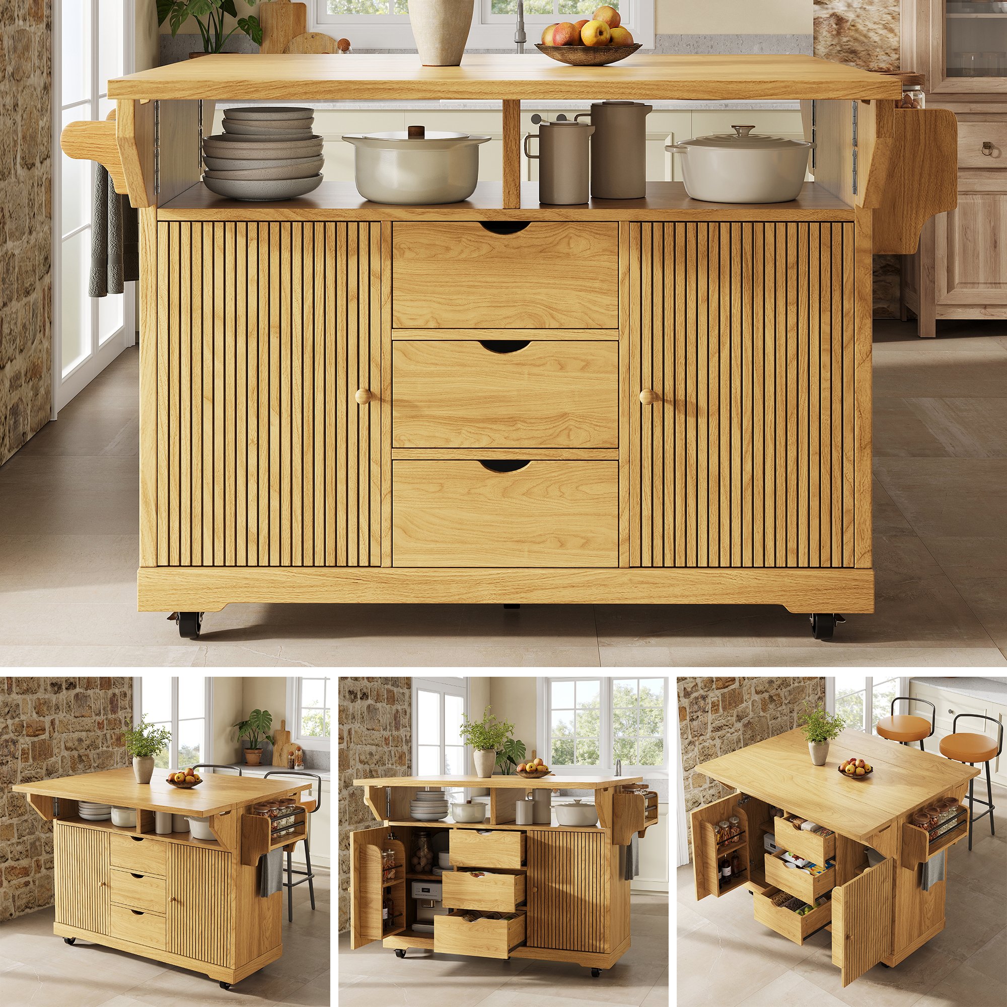 Îlot de cuisine 142,5 cm avec extension, hauteur 95 cm, 3 tiroirs, porte-serviettes, roulettes freinées, naturel