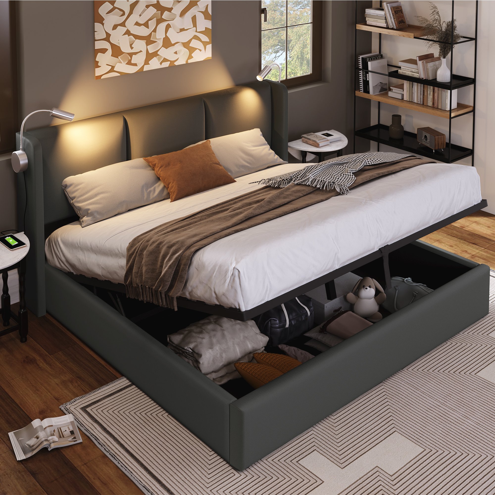 lit coffre 140x200 gris en PU avec rangement hydraulique, LED, ports USB et sommier à lattes