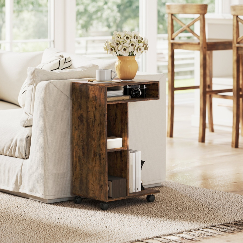 Table d'appoint avec roulettes et freins, 3 compartiments de rangement, design multifonctionnel pour canapé et lit, 40x30x69 cm