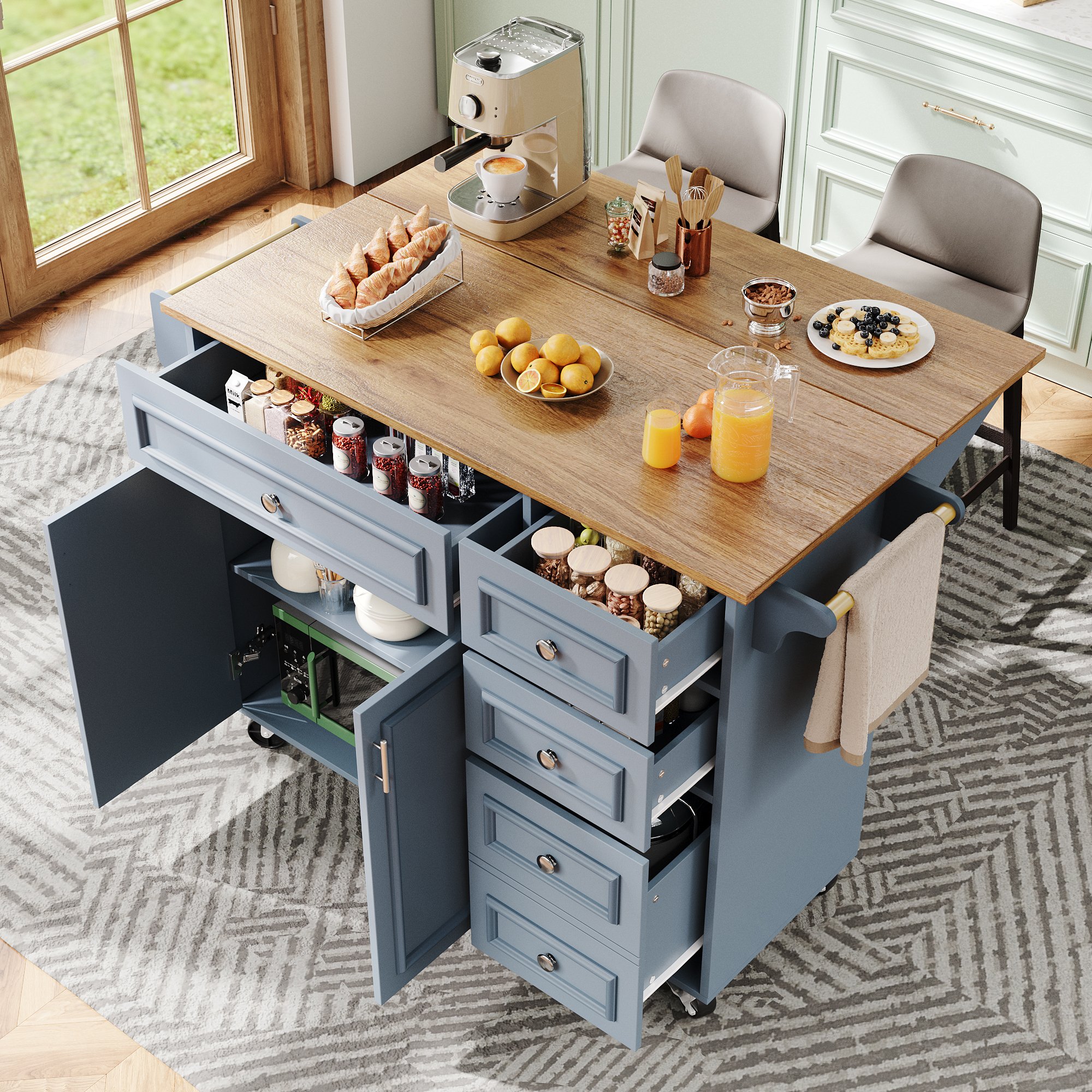 Îlot de cuisine avec table extensible et rangement, 3 étagères réglables, tiroirs, bleu, 110x45-75x92 cm, Panneau composite de fibres de bois à densité et métal