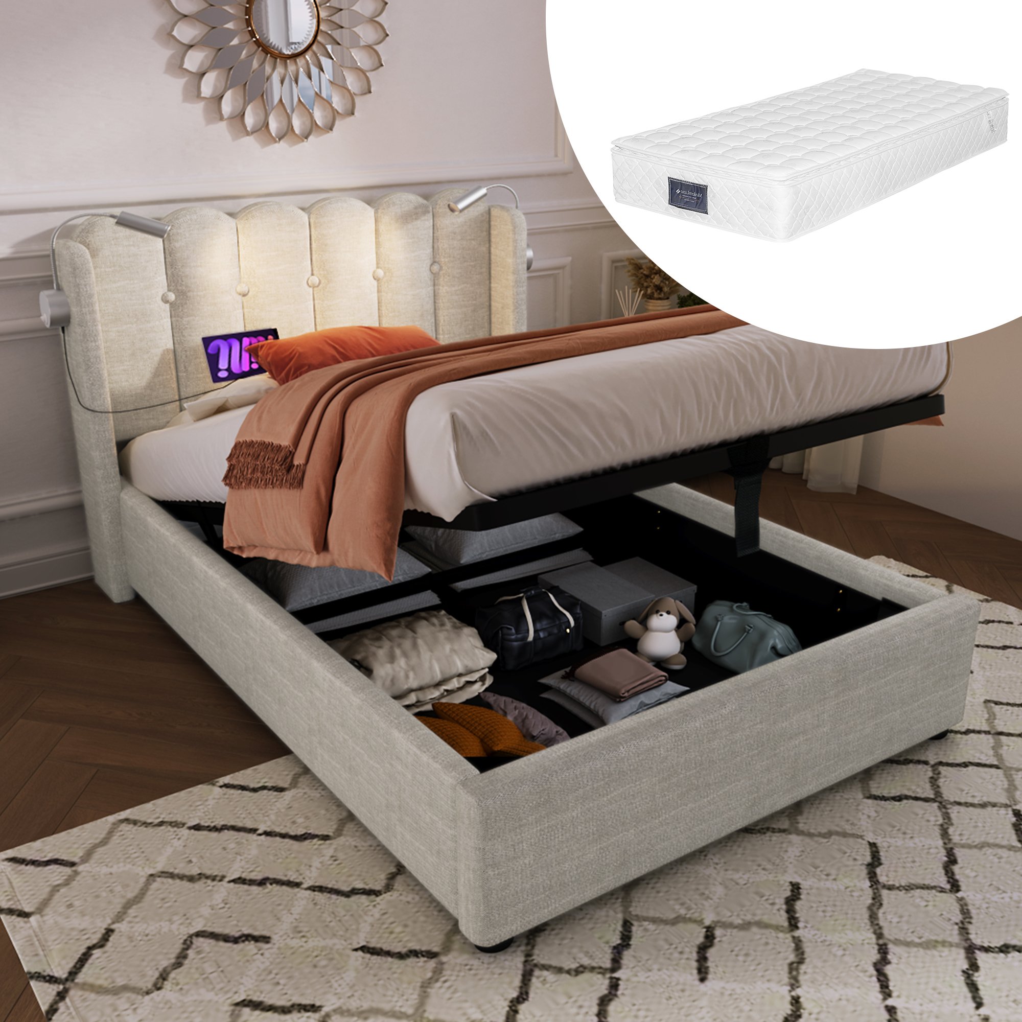 Lit coffre 90x200 structure métallique revêtement lin naturel avec tête de lit rembourrée et LED intégrée