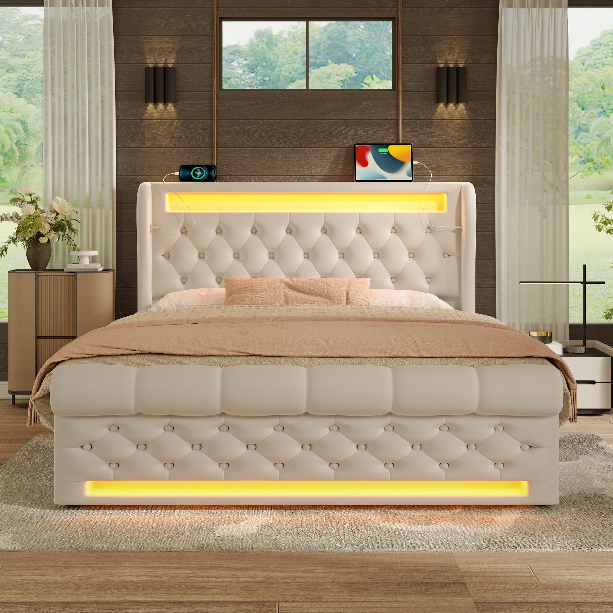 lit coffre 140x200 en velours beige avec rangement hydraulique, LED et ports USB Type-C