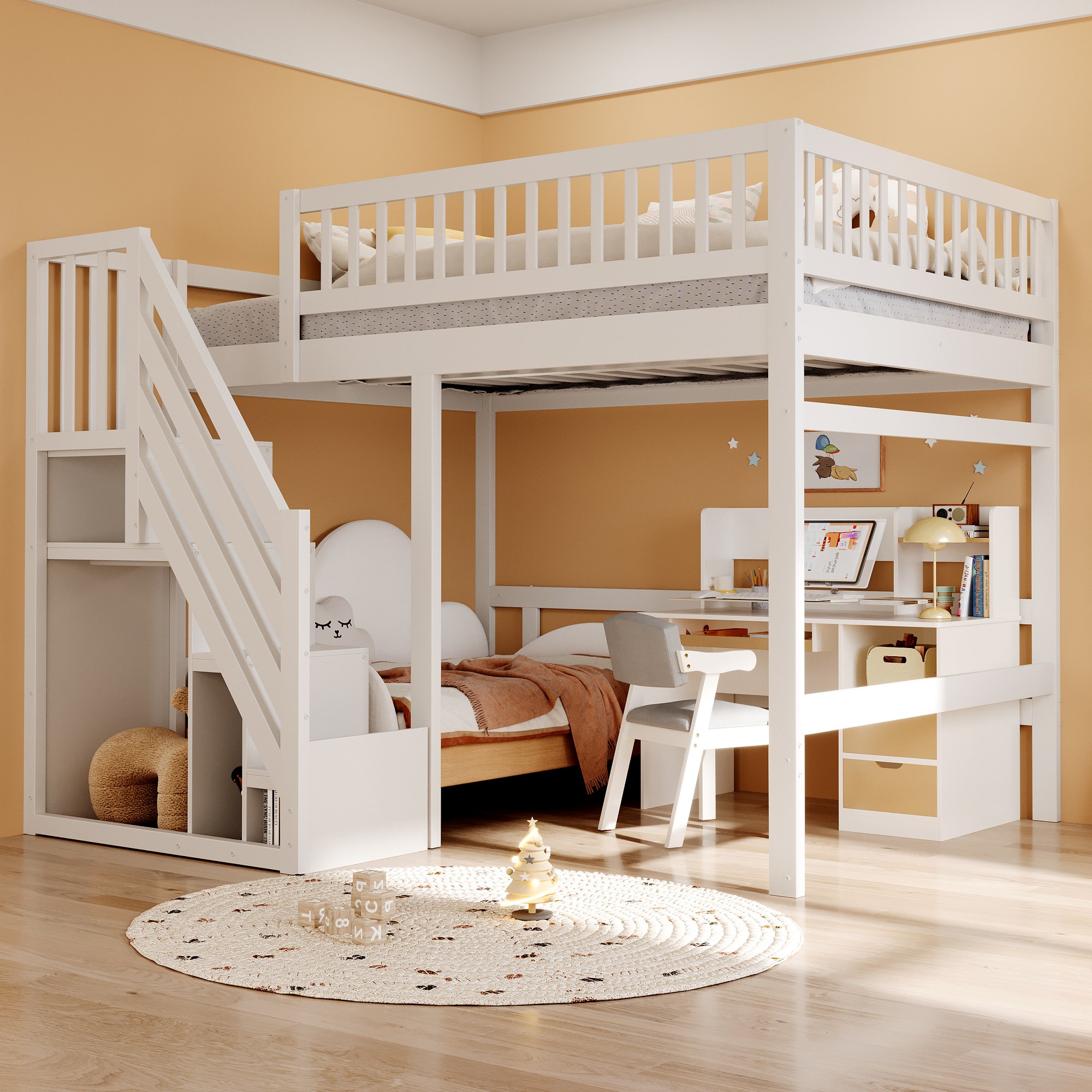Lit enfant 140x200 en bois massif blanc avec rangement et barrière de sécurité