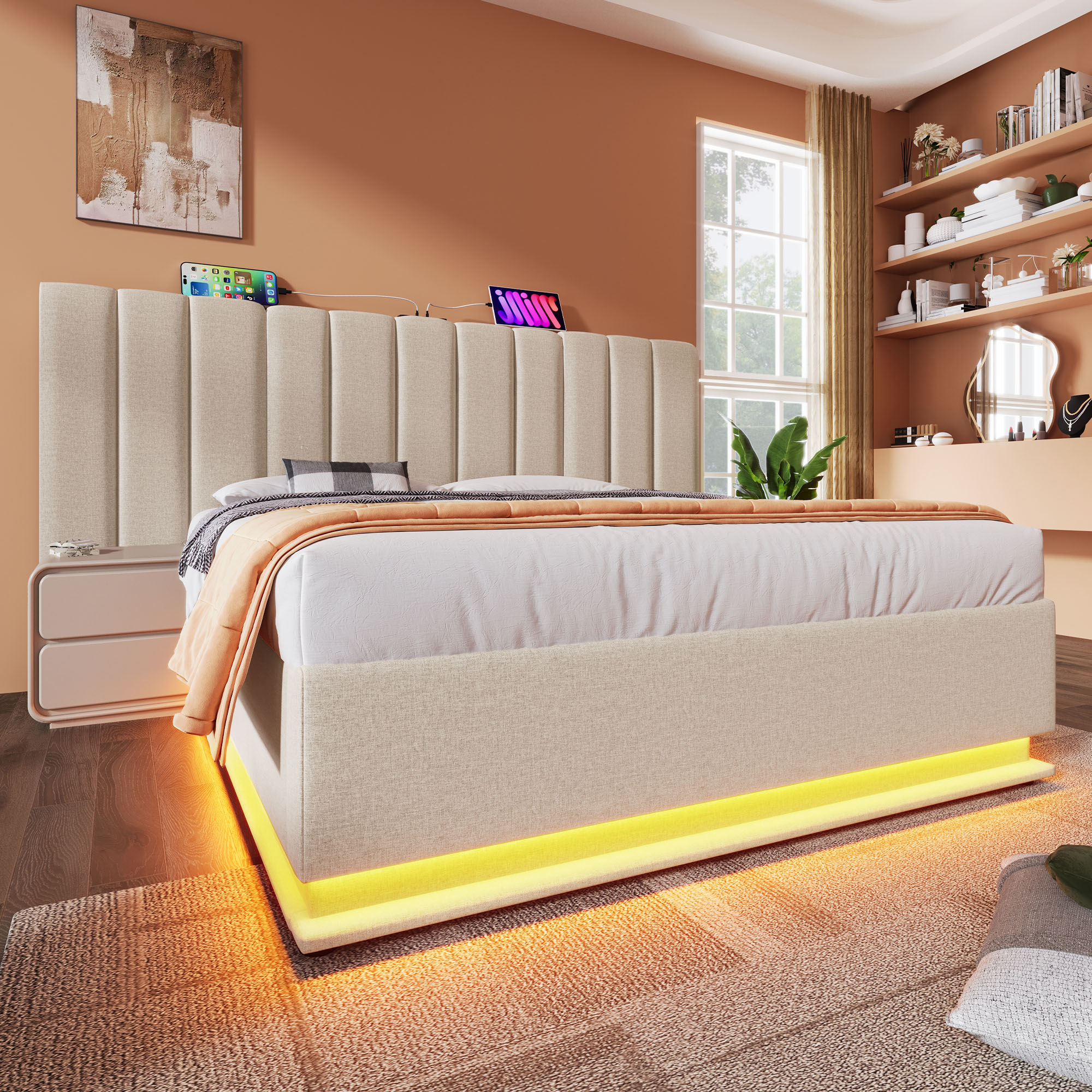 lit coffre 180x200 avec LED musicale et USB-C, rangement hydraulique facile, cadre en lin beige avec sommier à lattes