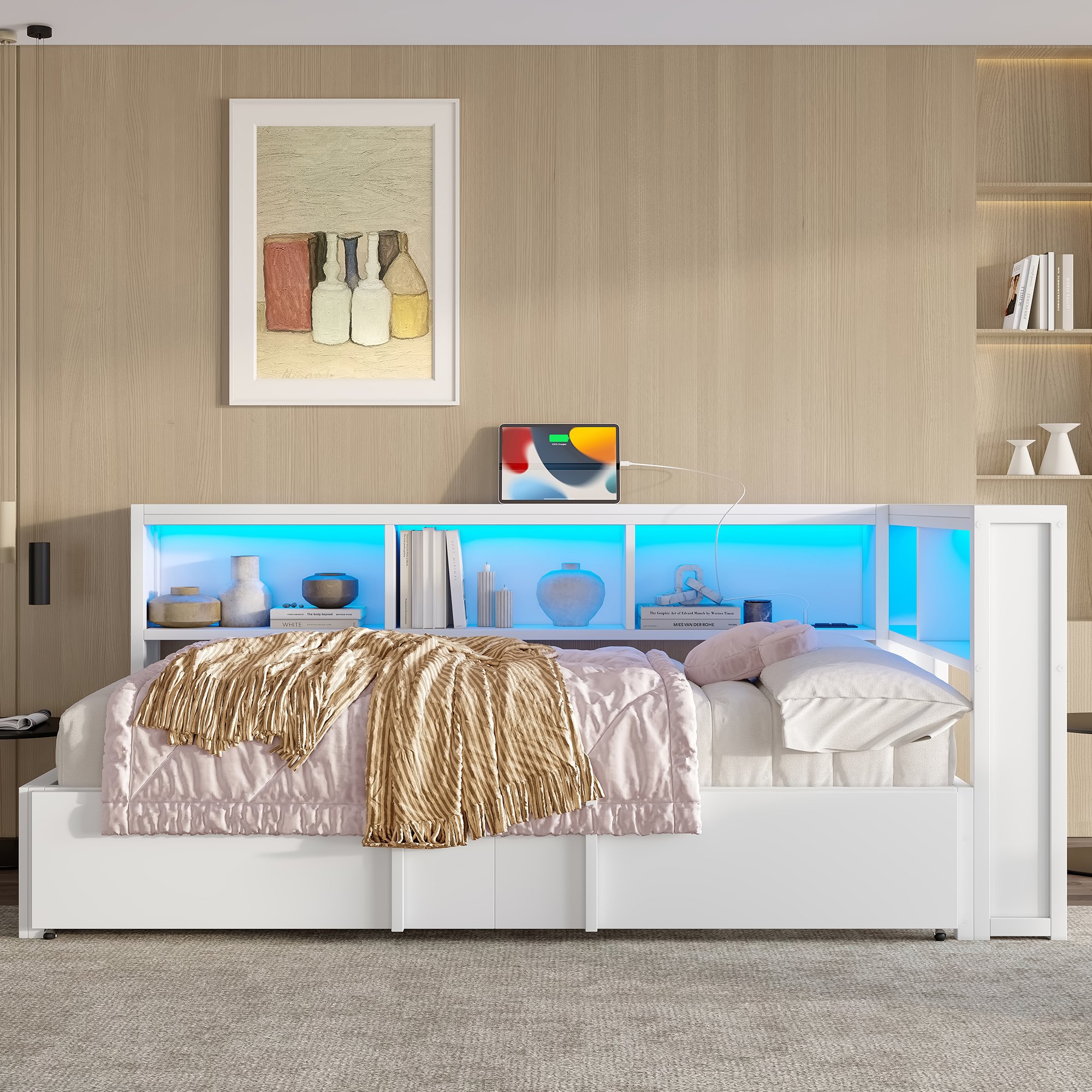 Lit gigogne 90x200 blanc en métal et Panneau composite de fibres de bois à densité avec rangements, LED et USB
