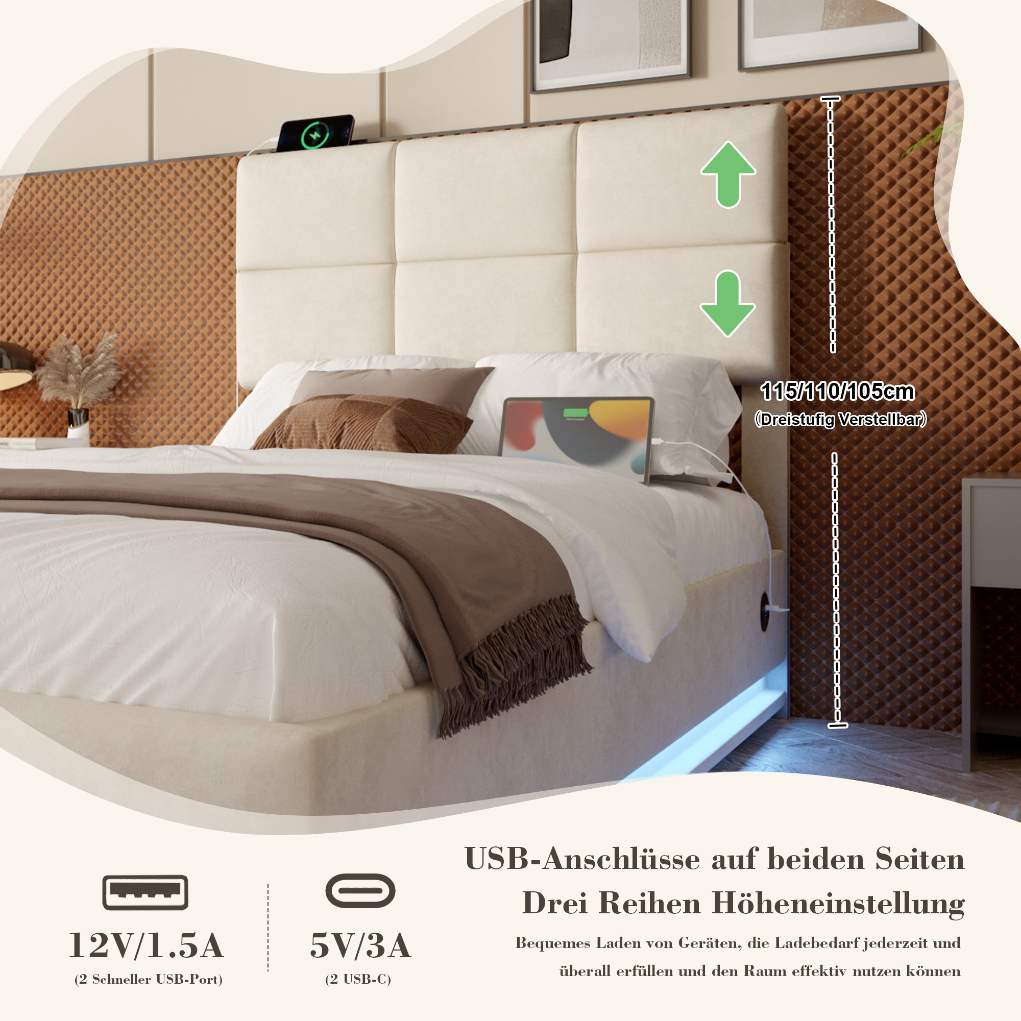 Lit coffre 90x200 en velours beige avec tête de lit réglable, LED, USB et rangement hydraulique