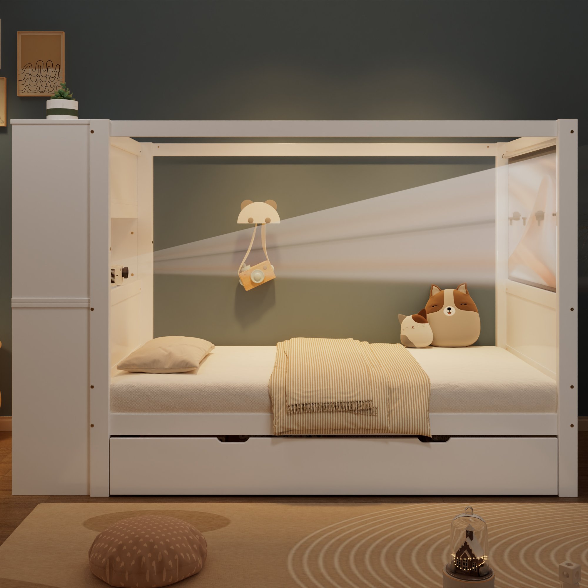 Lit enfant 90x200 avec rangement, barrière de sécurité et armoire à 5 tiroirs, blanc et bois naturel