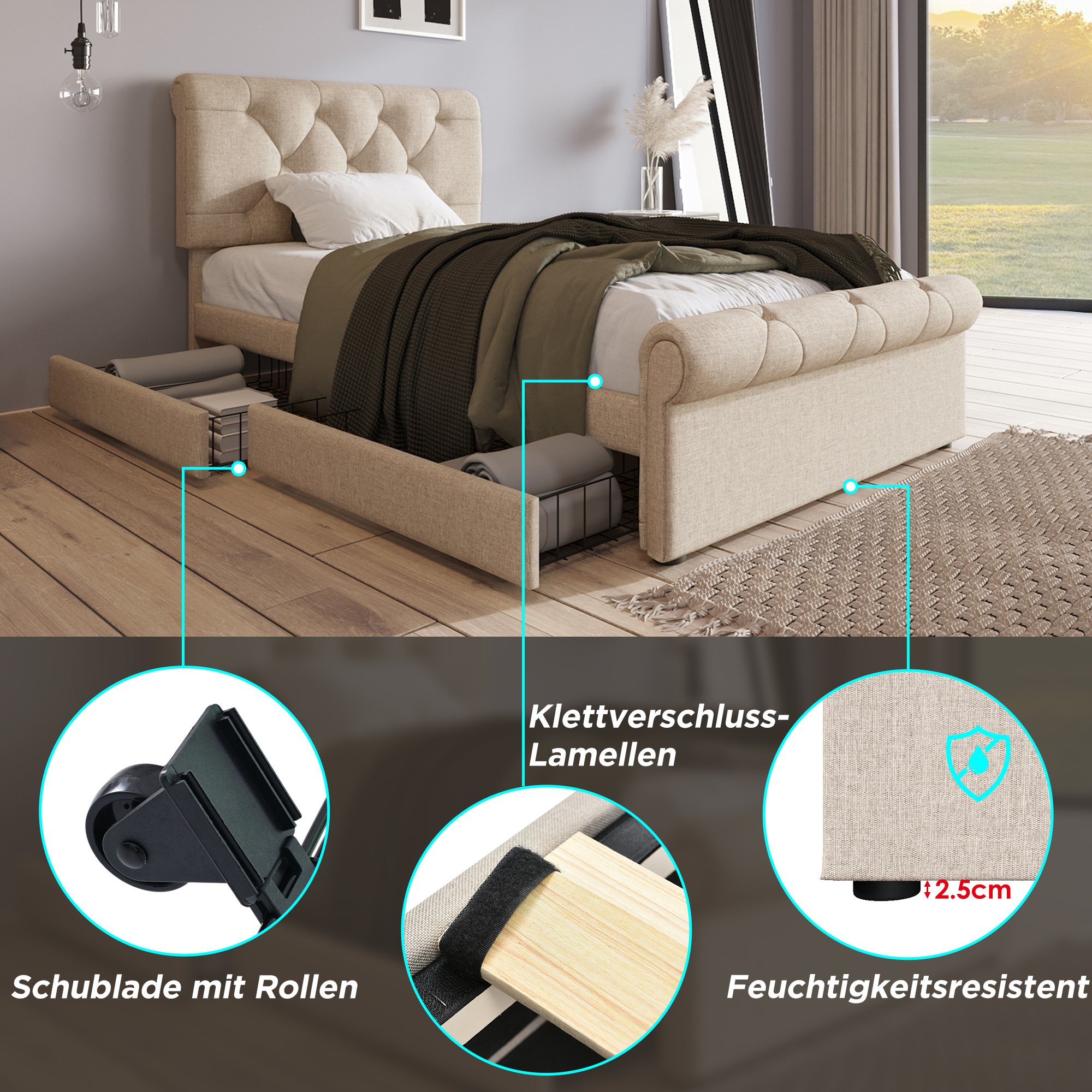 Lit coffre 90x200 cm avec matelas et sommier, tête de lit rembourrée ajustable Chesterfield, 2 tiroirs rangement, tissu lin naturel