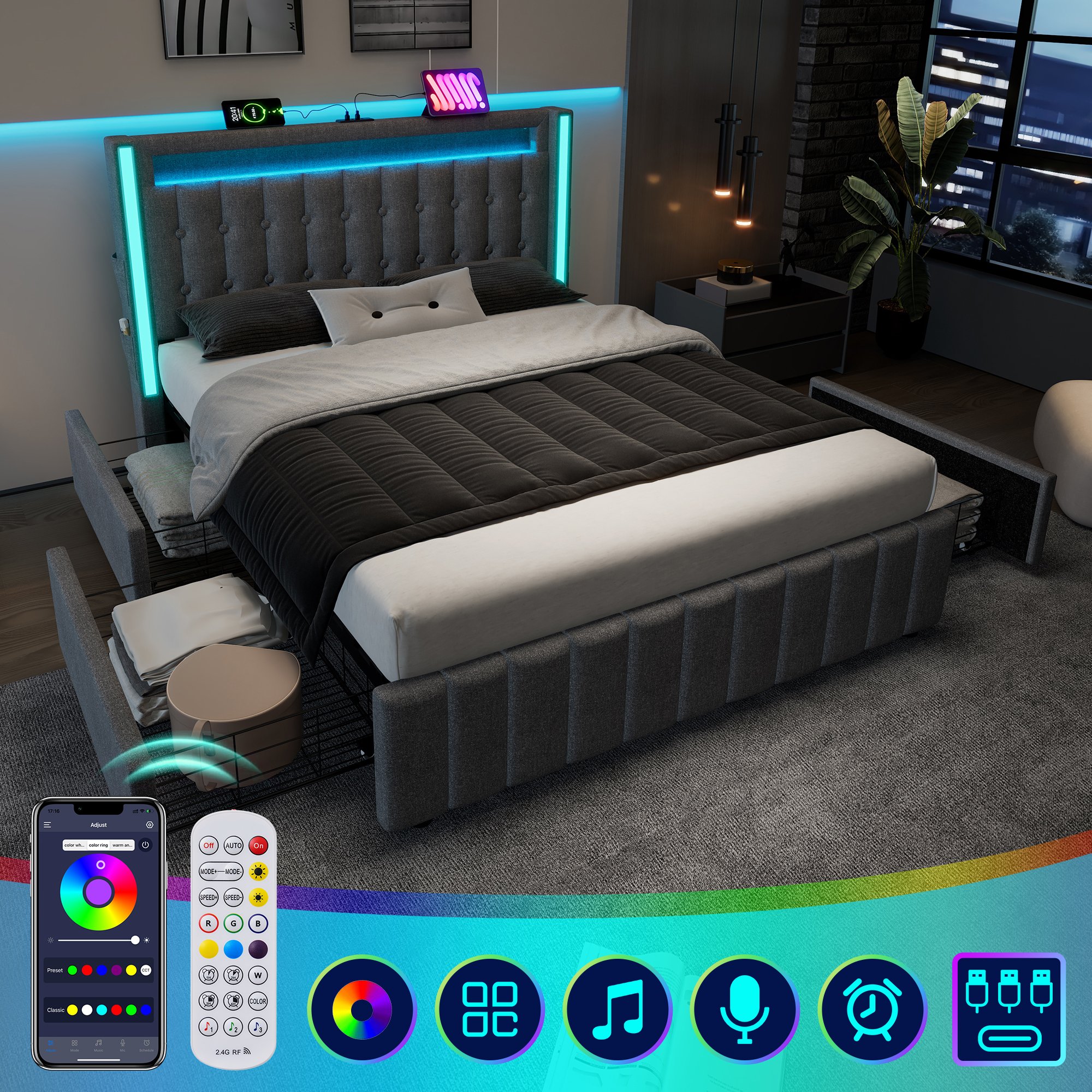 Lit coffre 140x200 gris avec sommier à lattes, LED et USB, 4 tiroirs de rangement pour chambre adulte