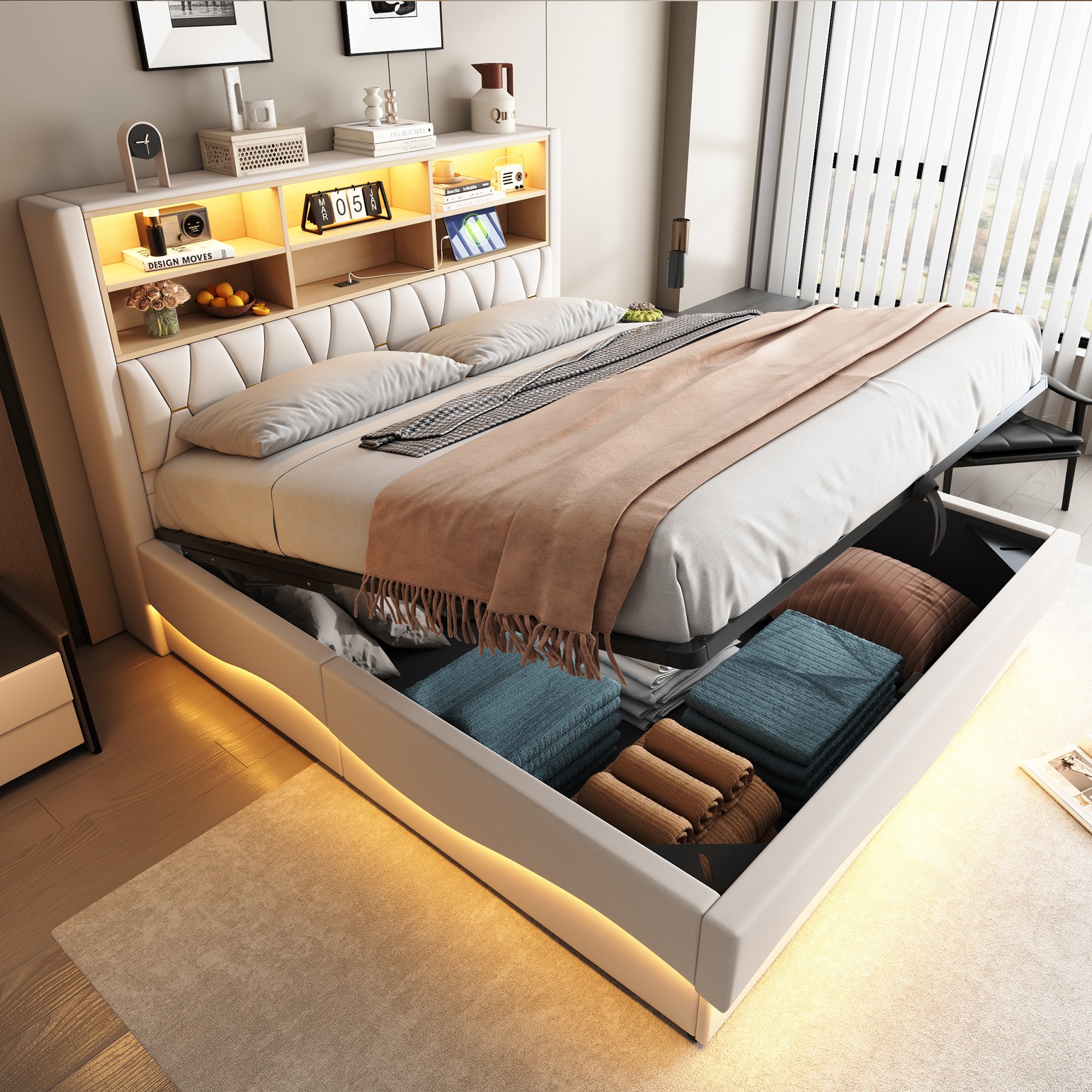 Lit coffre 180x200 en lin beige, structure métallique et sommier à lattes, avec rangement