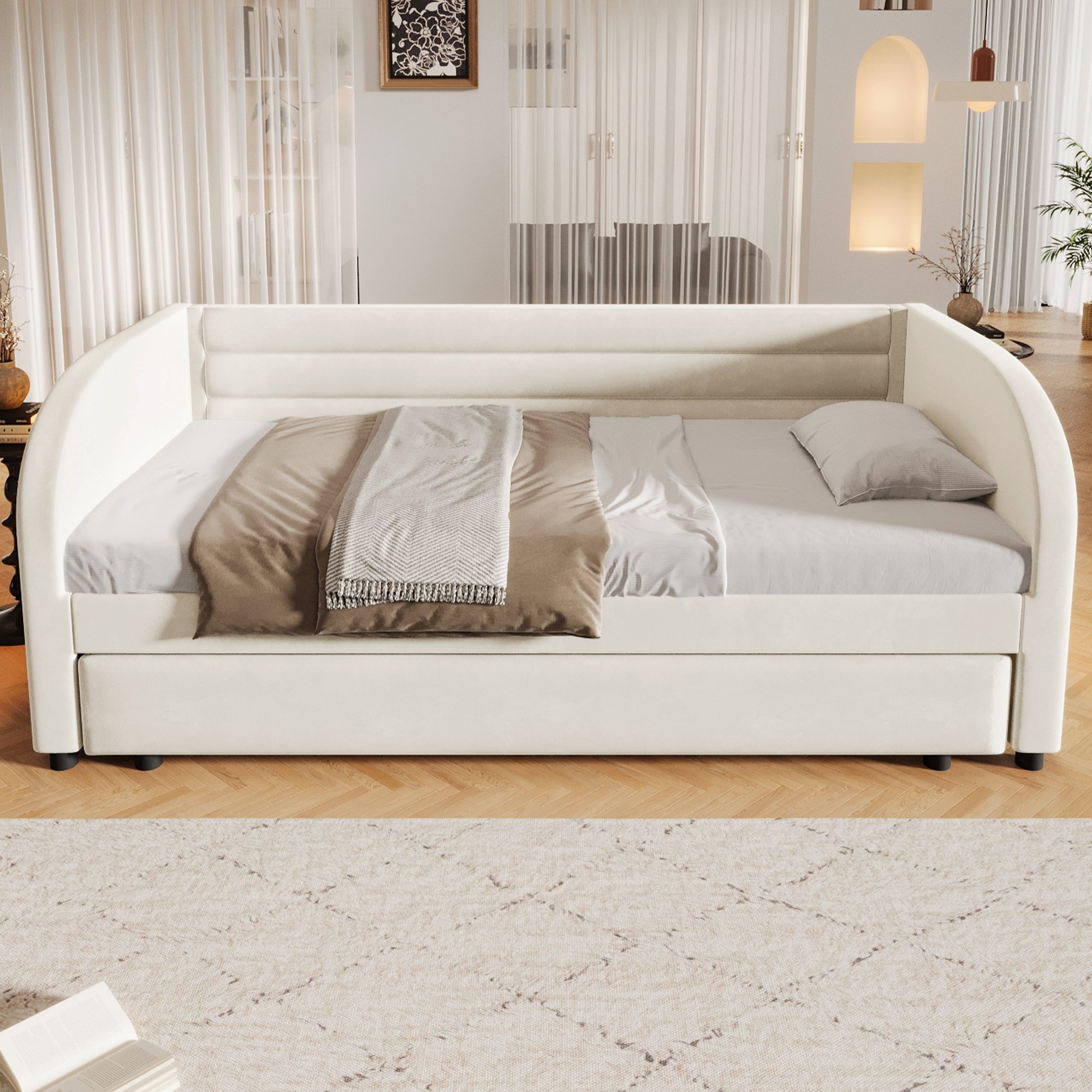Lit gigogne 90x200 beige avec LED, tiroir escamotable, rembourré en flanelle et Panneau composite de fibres de bois à densité, pour enfant ou invité