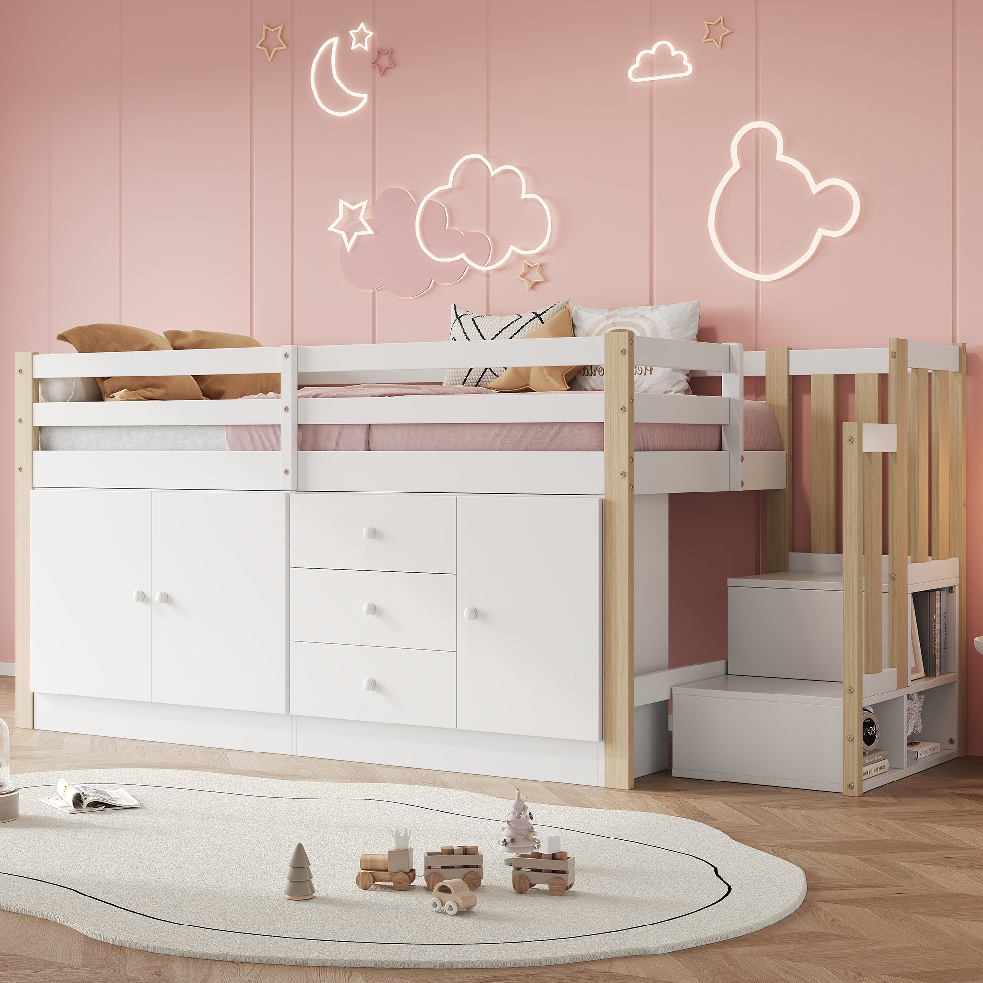 Lit mezzanine enfant blanc 90x200 avec escalier, tiroirs et armoires de rangement pour chambre d'enfant sans matelas