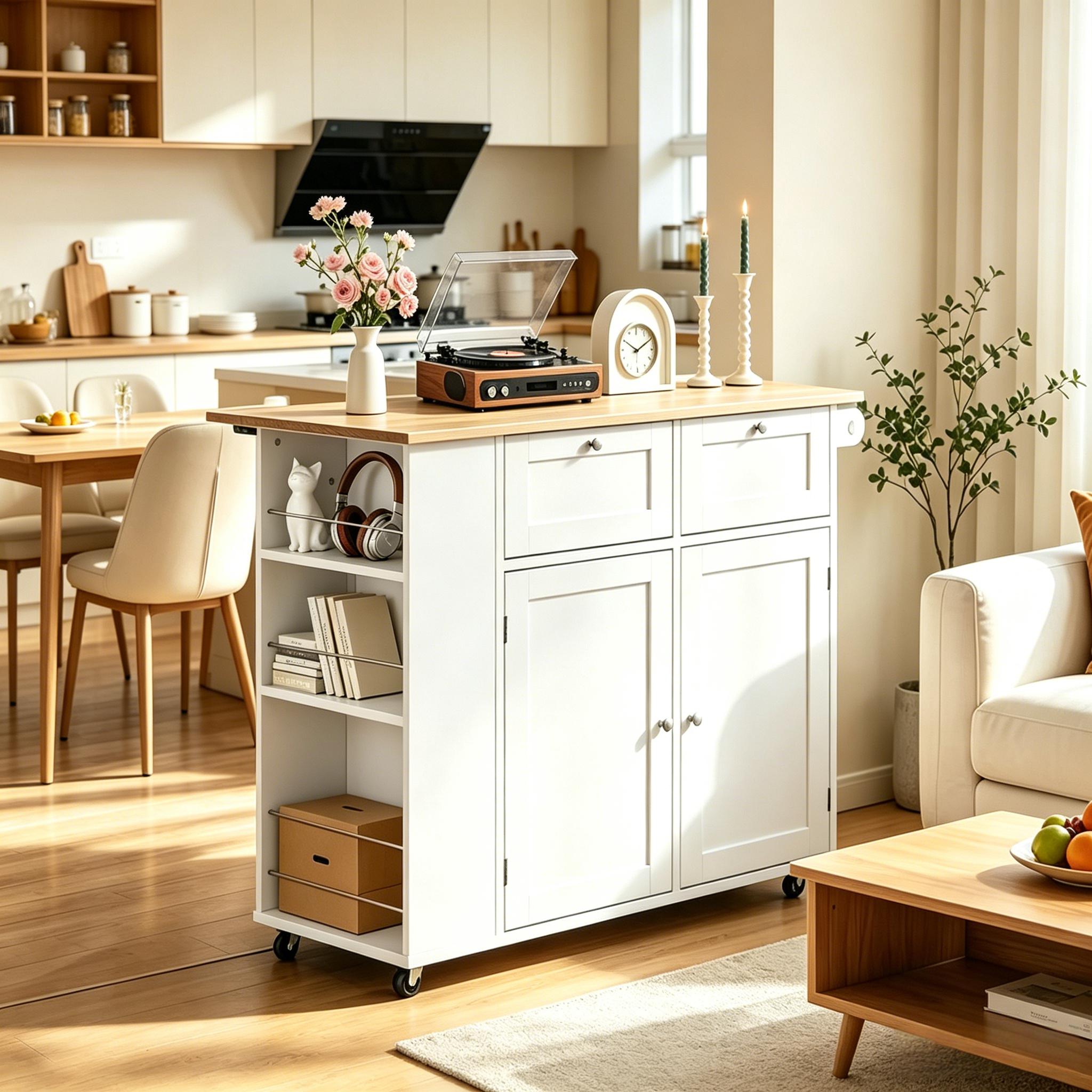 Îlot de cuisine blanc avec rangement, plan de travail rabattable et roulettes, petit îlot central en chêne clair, 101x62x86 cm