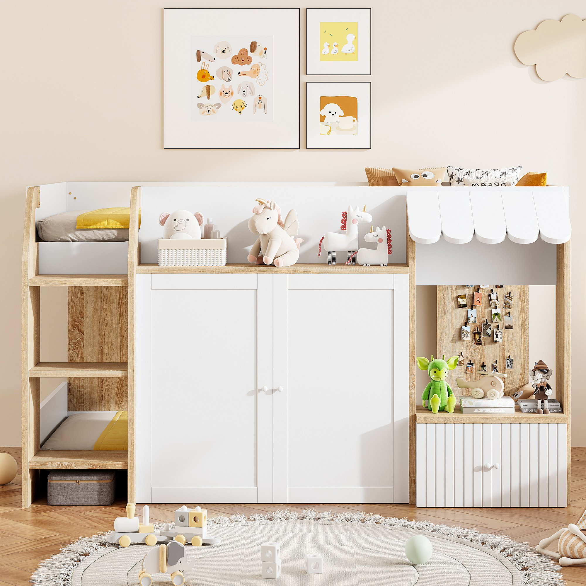 Lit cabane enfant 90x200 avec rangement, échelle et toit, sans matelas, blanc et bois