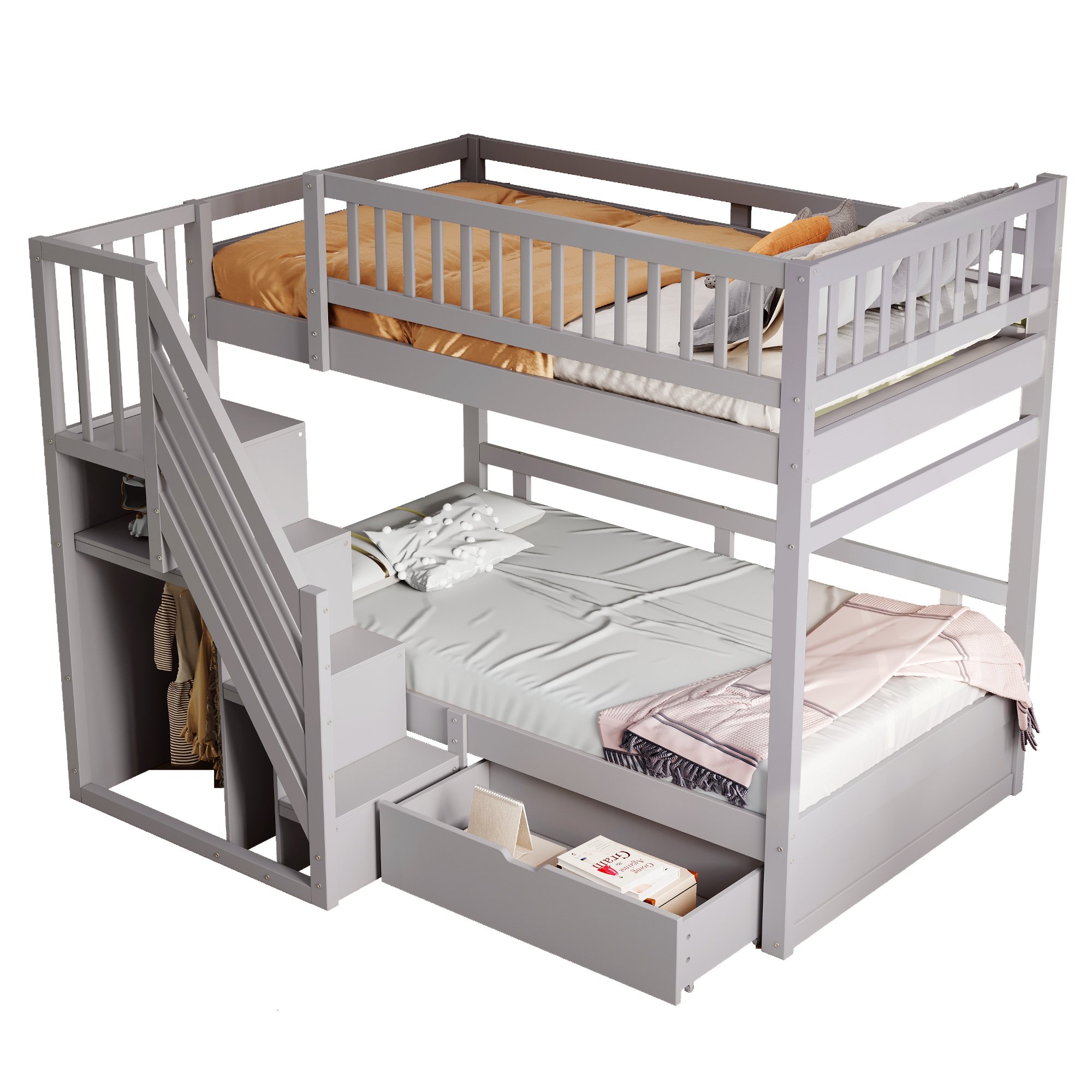 Lit superposé 90x200 cm en bois massif avec rangements, échelle sécurisée et tiroirs pour enfant