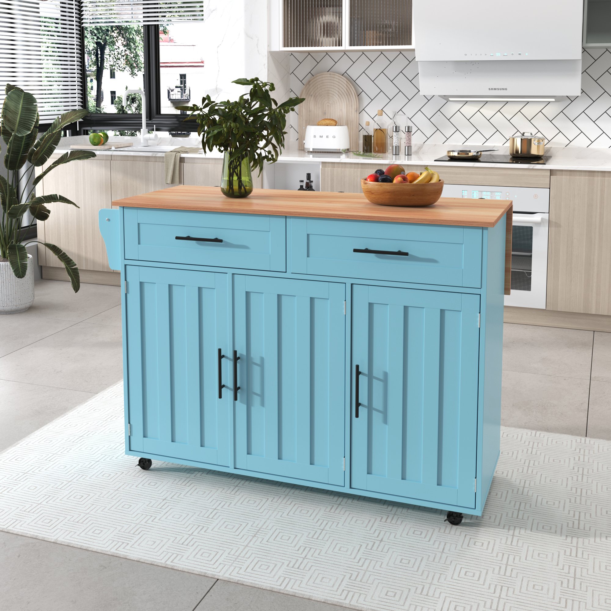 Petit ilot de cuisine avec rangement, plan de travail extensible, bleu, sur roulettes, 129 cm