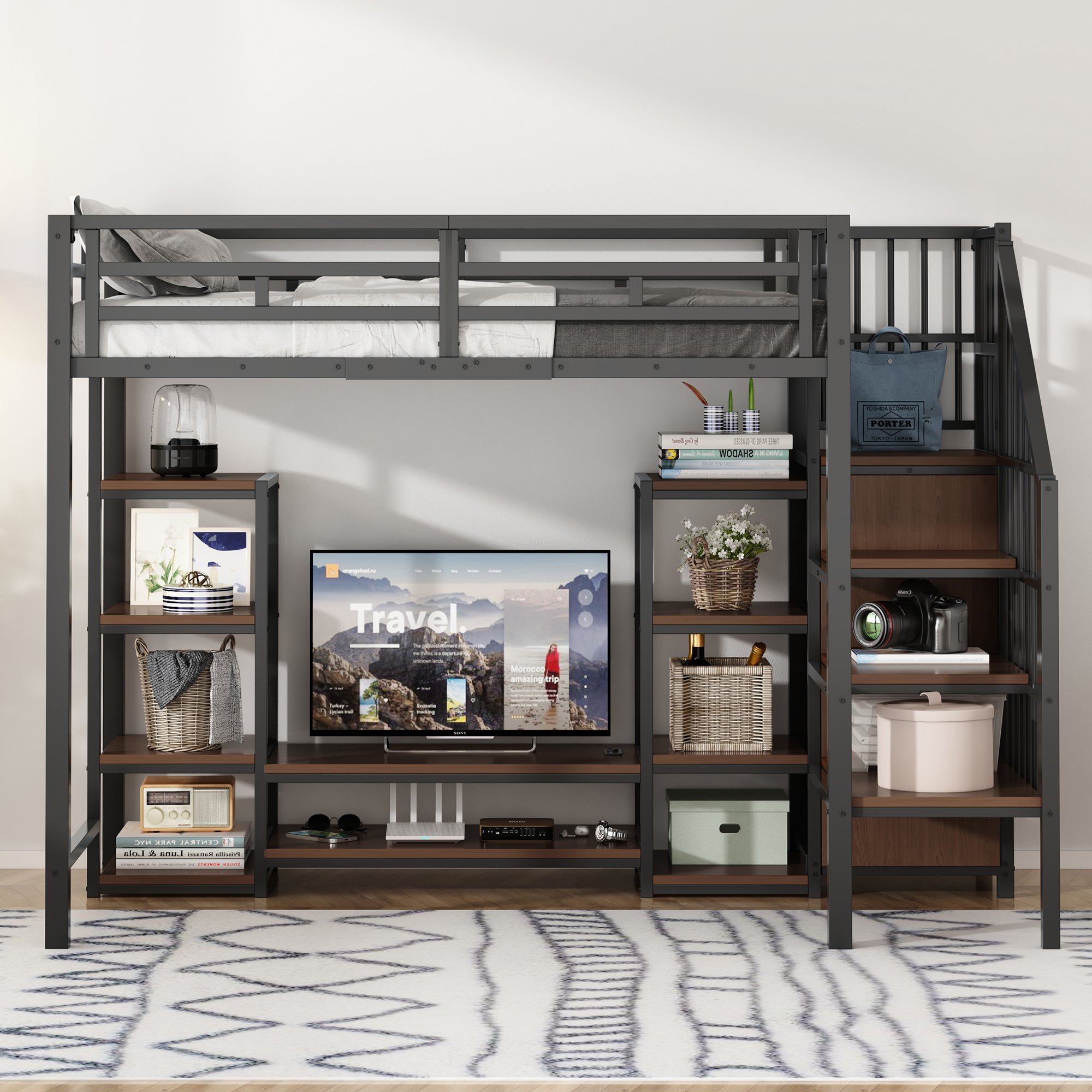 Lit mezzanine 90x200 noir métal et bois avec support TV, prise et échelle de rangement