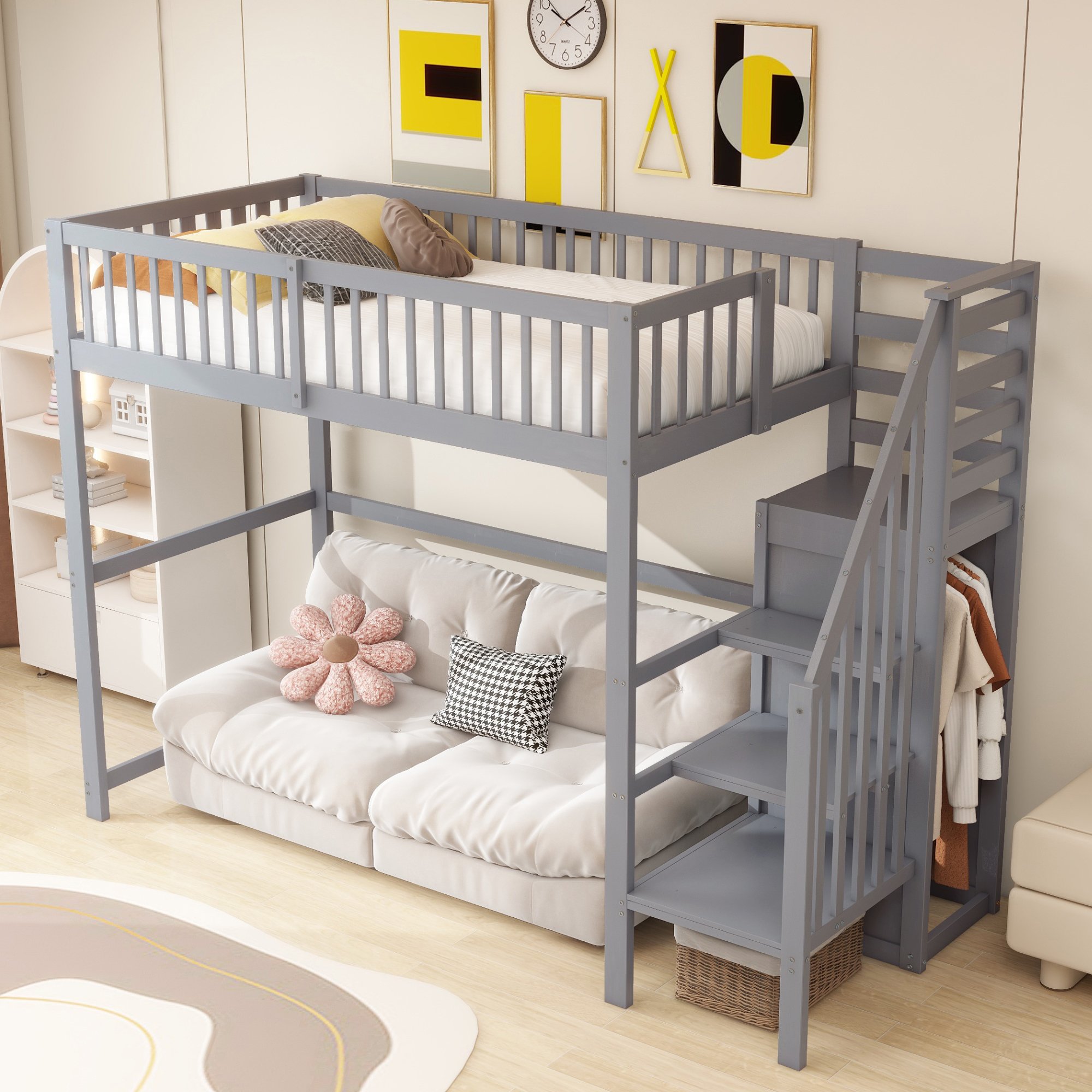 Lit mezzanine 90x200 avec escalier et rangement, lit enfant en bois gris avec placard