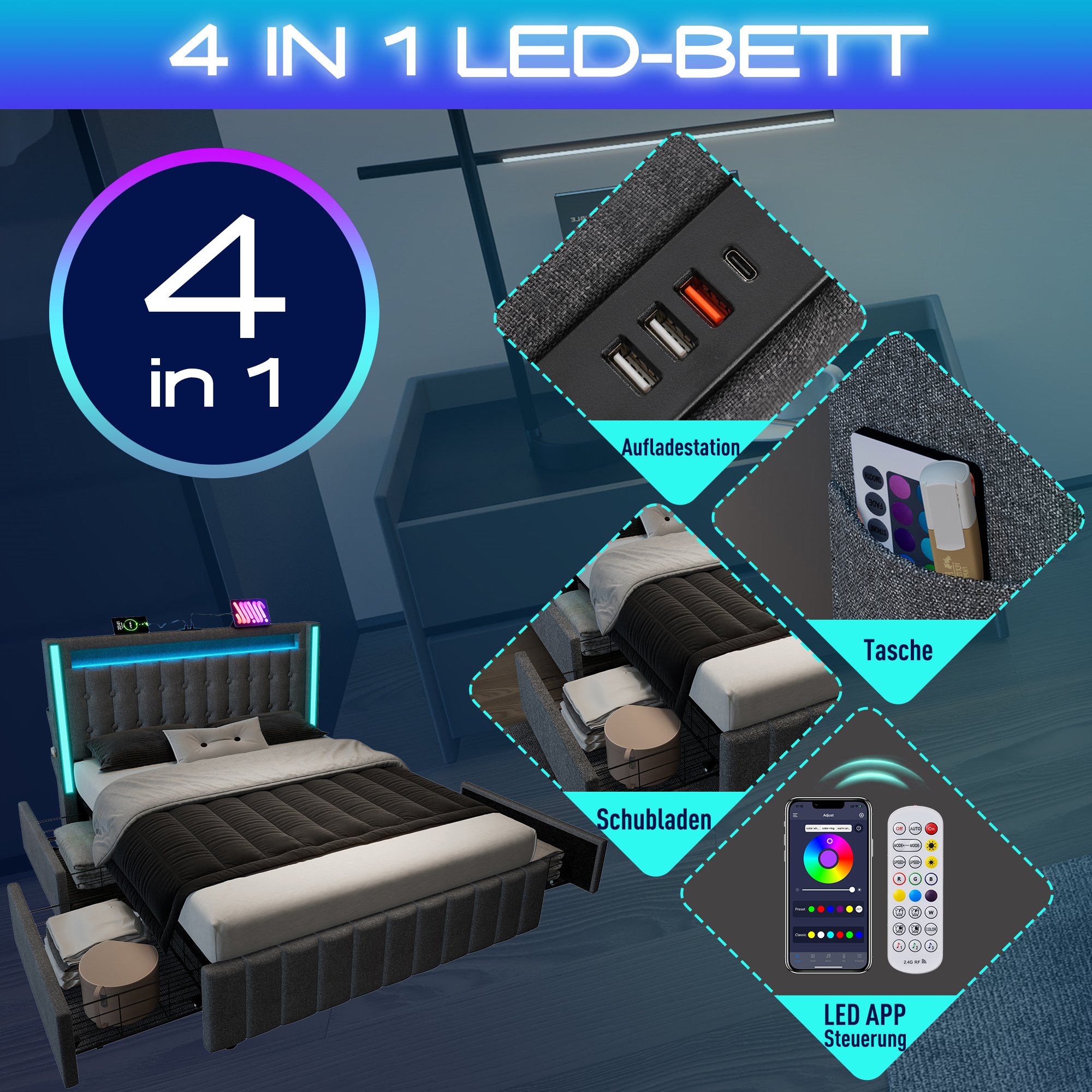 Lit coffre 160x200 avec sommier à lattes, LED RGB, USB Type-C, 4 tiroirs gris capitonné