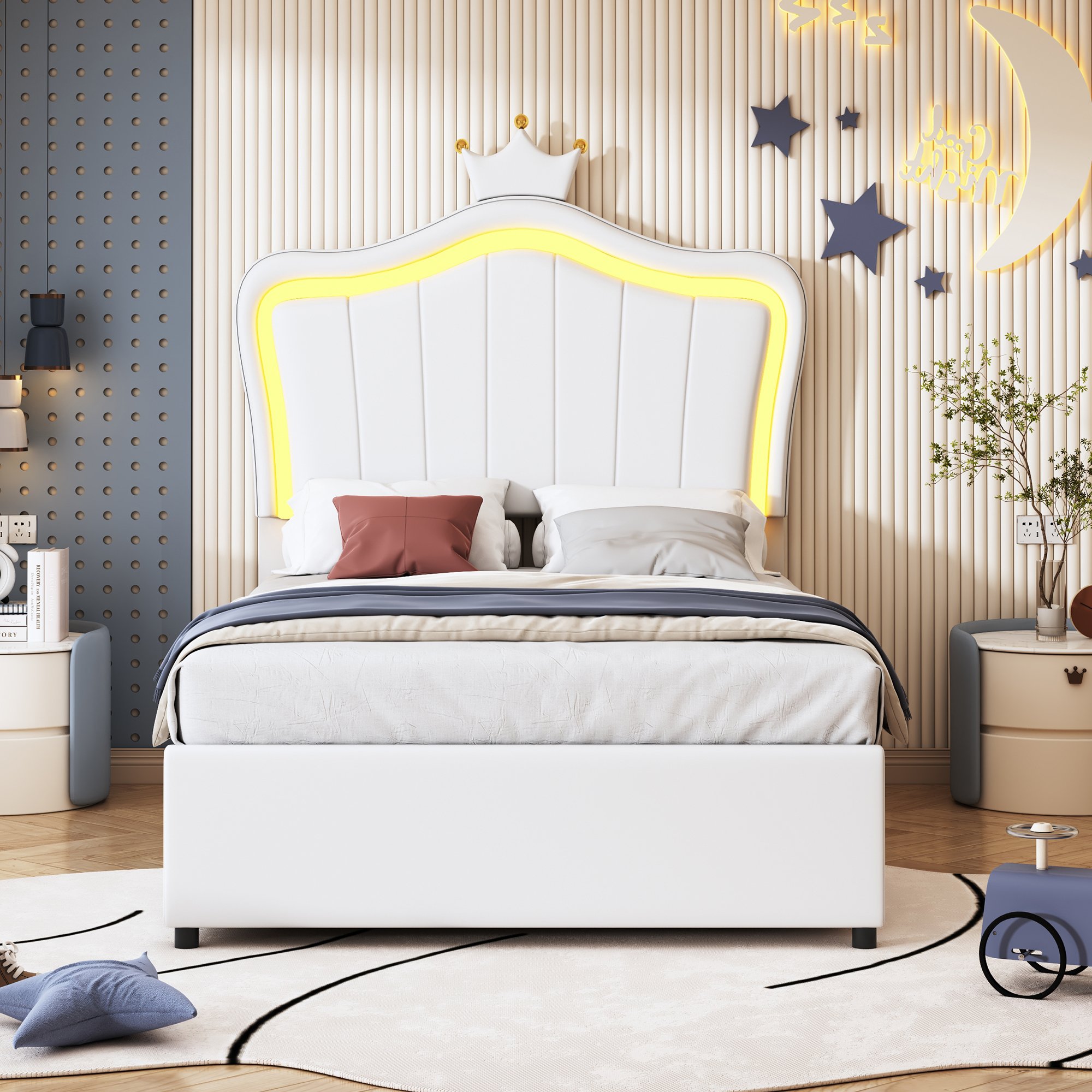 Lit coffre 90x200 blanc en simili cuir avec rangement hydraulique et LED pour enfant