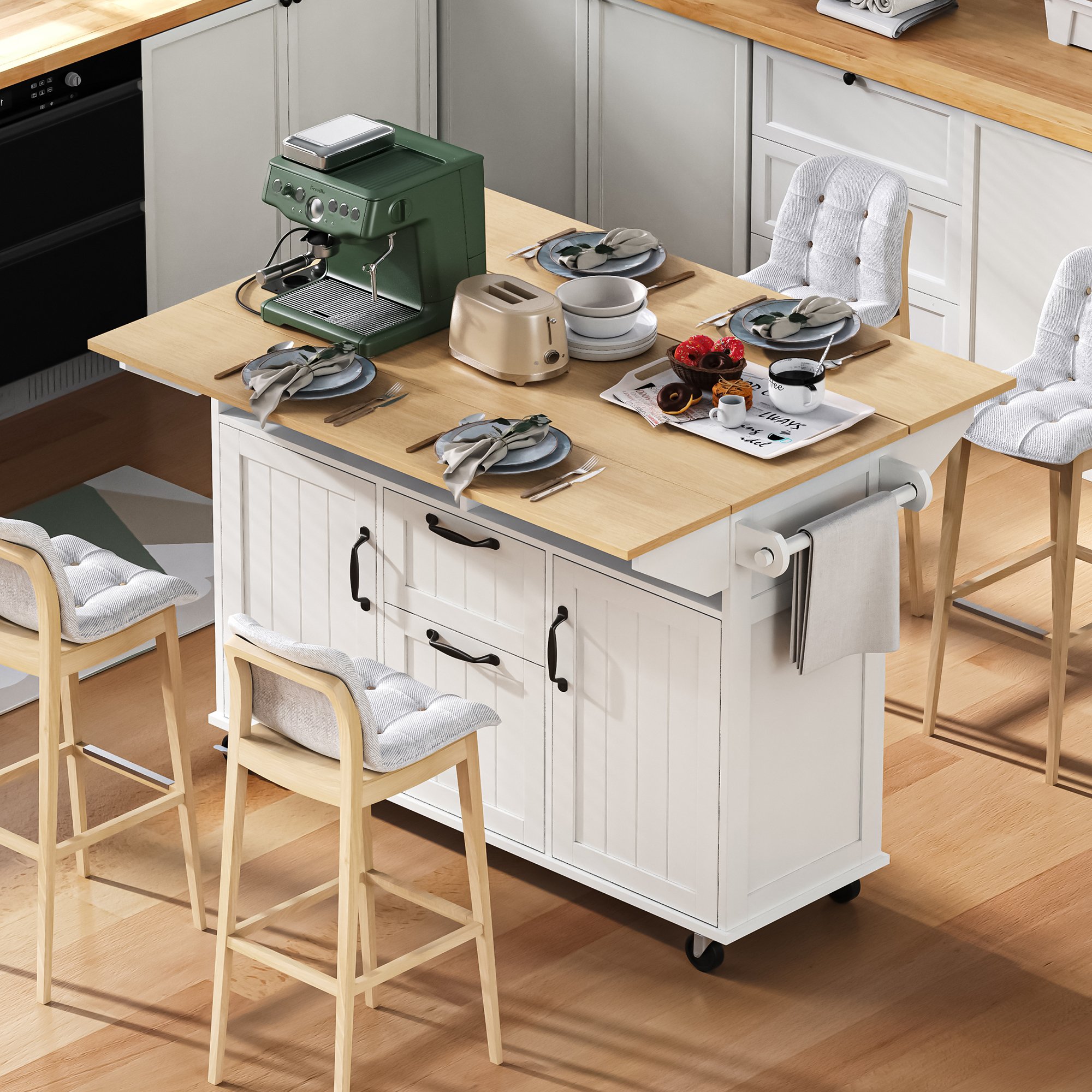 Îlot de cuisine sur roulettes avec plan de travail extensible, prises électriques et rangements