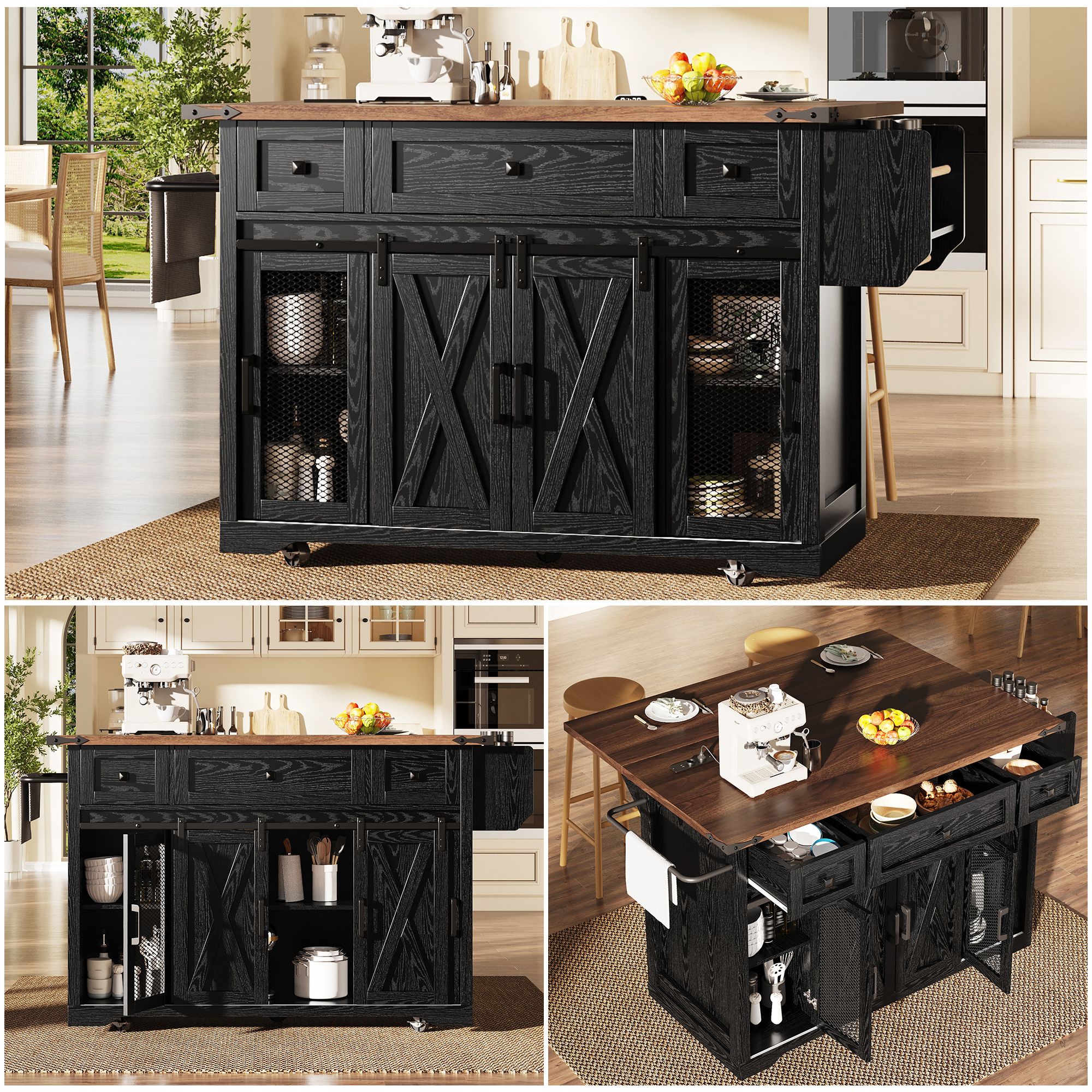 Îlot de cuisine 120x45 cm, hauteur 91 cm, plan extensible, 3 tiroirs, portes coulissantes, 5 roulettes, charge 75 kg, blanc et noir