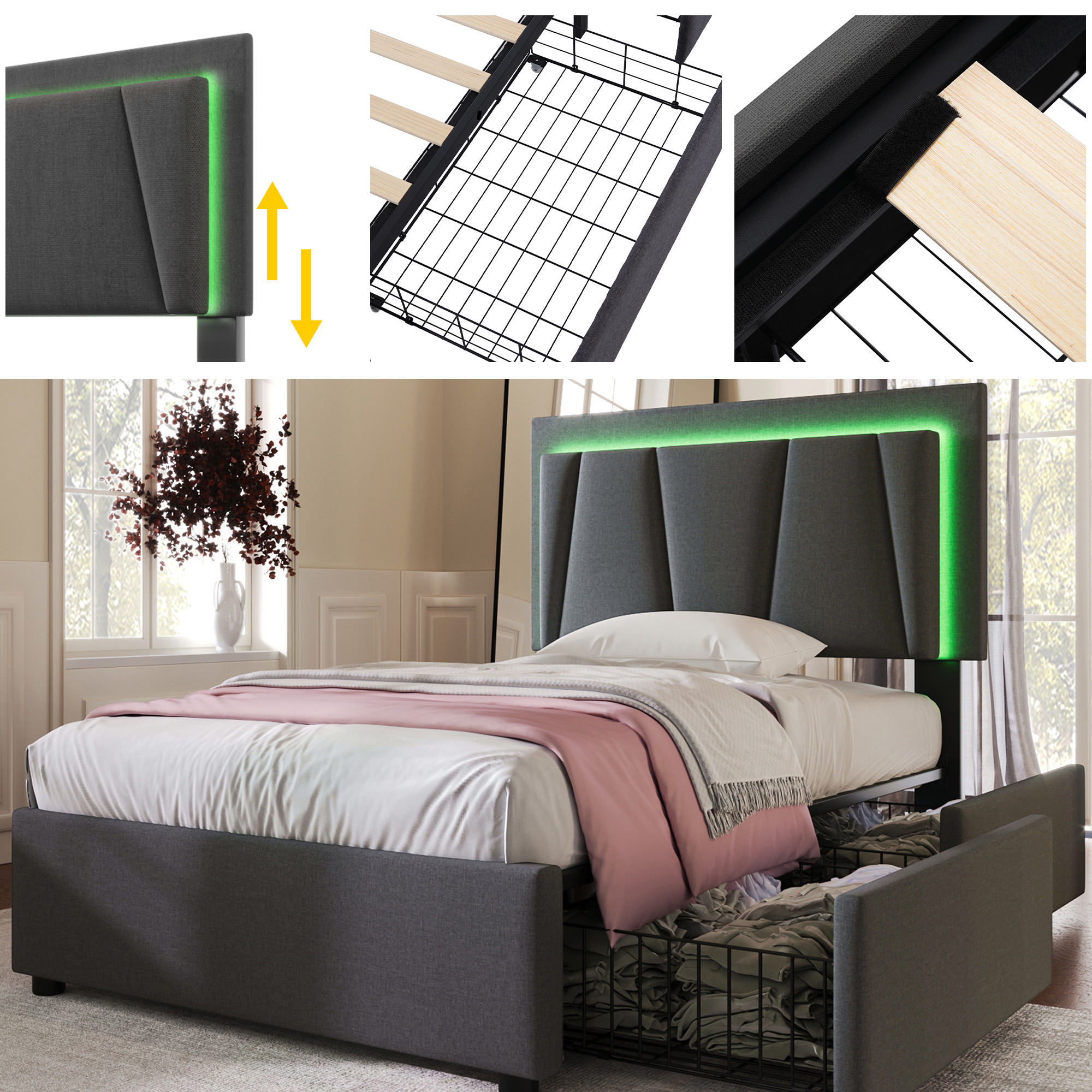 Lit coffre en métal avec revêtement tissu gris, tête de lit capitonnée et sommier bois, design contemporain durable
