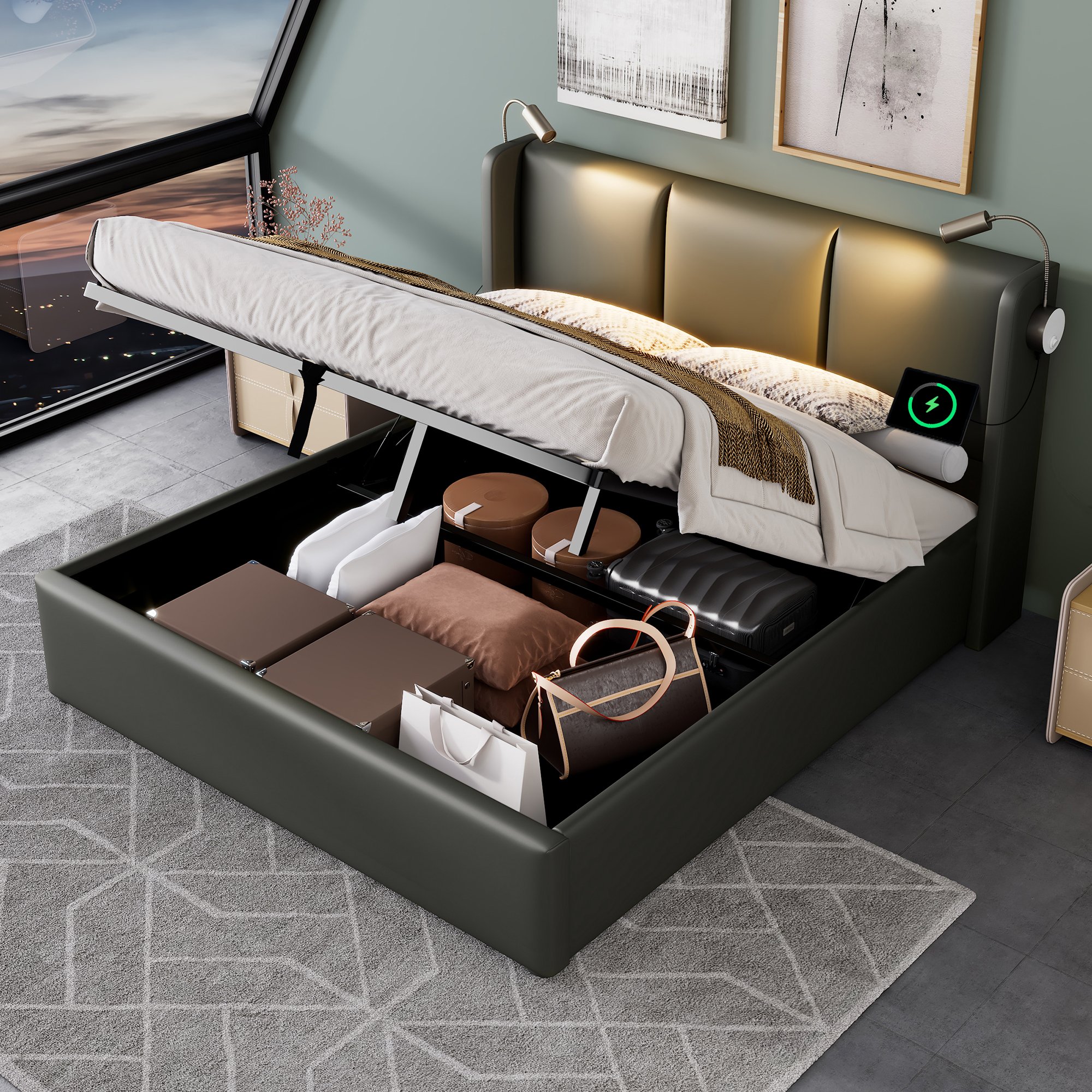 lit coffre 140x200 gris en PU avec rangement hydraulique, LED, ports USB et sommier à lattes