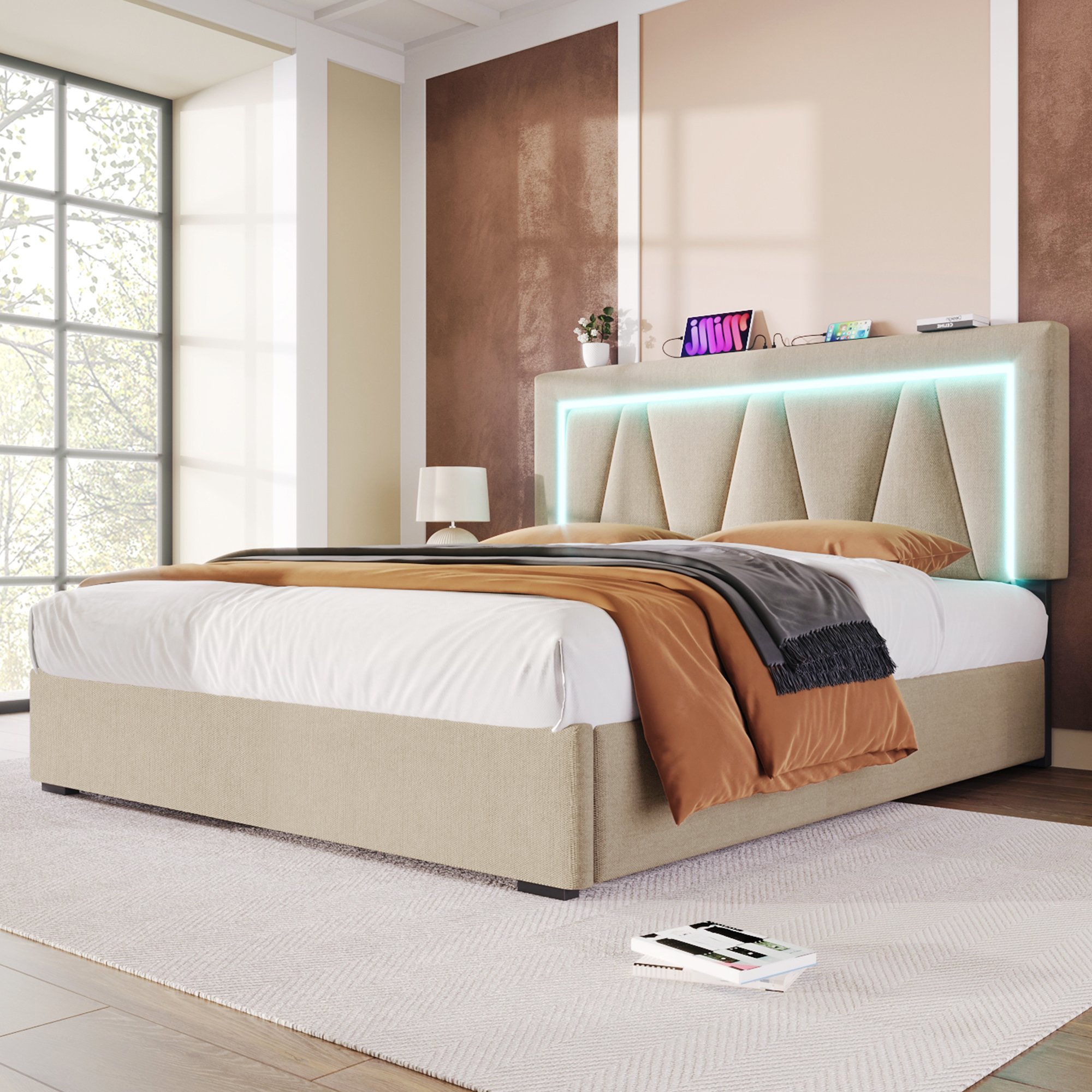 Lit coffre 160x200 avec sommier à lattes, LED RGB télécommande, USB Type-C, tête de lit capitonnée beige et rangement