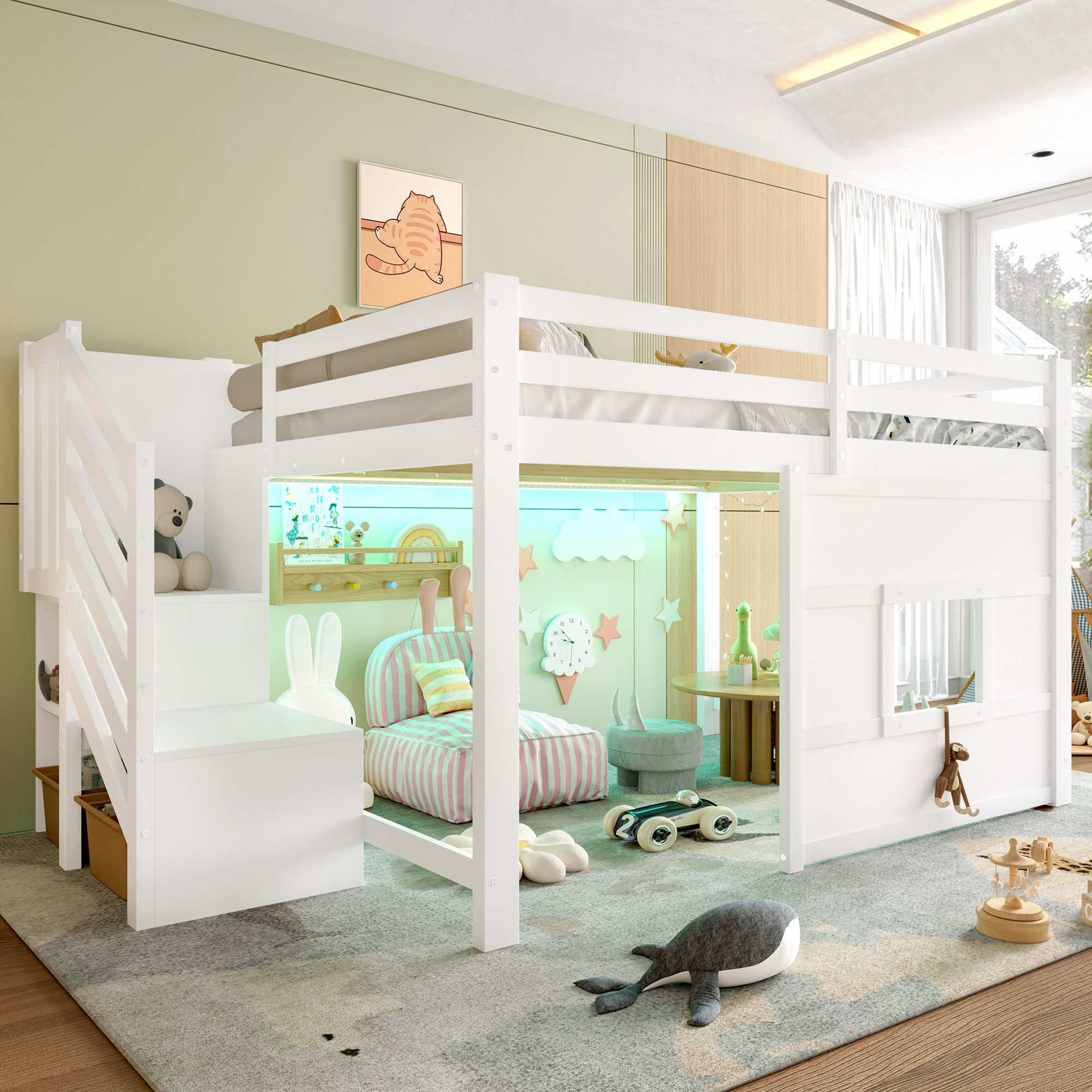 Lit mezzanine 140x200 en pin et Panneau composite de fibres de bois à densité avec escalier de rangement, fenêtre et LED, blanc