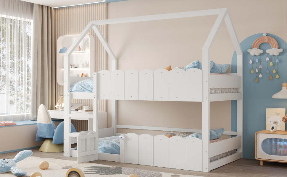 Lit superposé enfant 90x200 cm en bois blanc avec échelle et barrières de sécurité, design maison