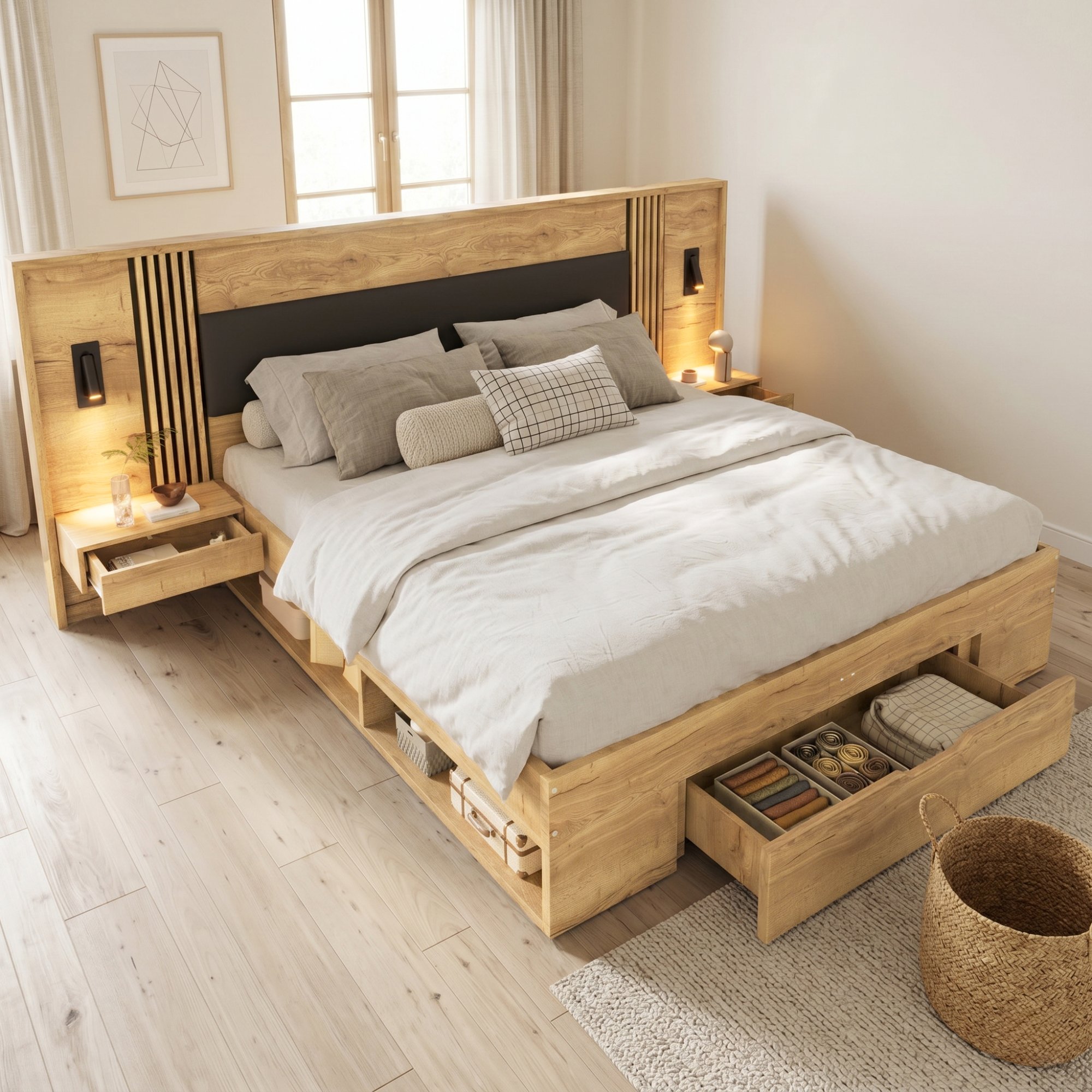 Grand lit coffre 180x200 cm deux places, incluant matelas et sommier à lattes, avec tiroirs et lampes de lecture sur les côtés
