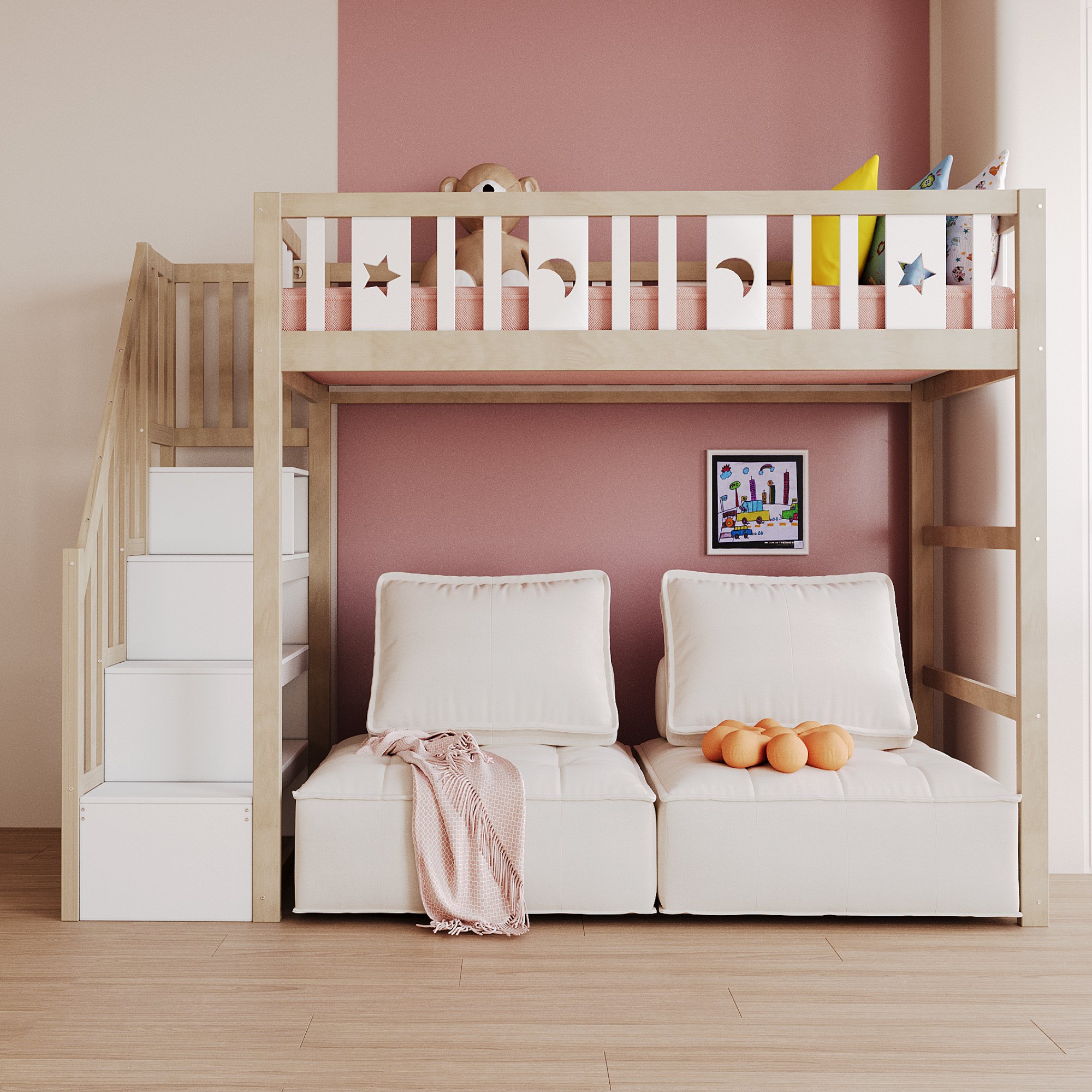 Lit mezzanine 90x200 en bois massif avec échelle, rangements et barrière de sécurité