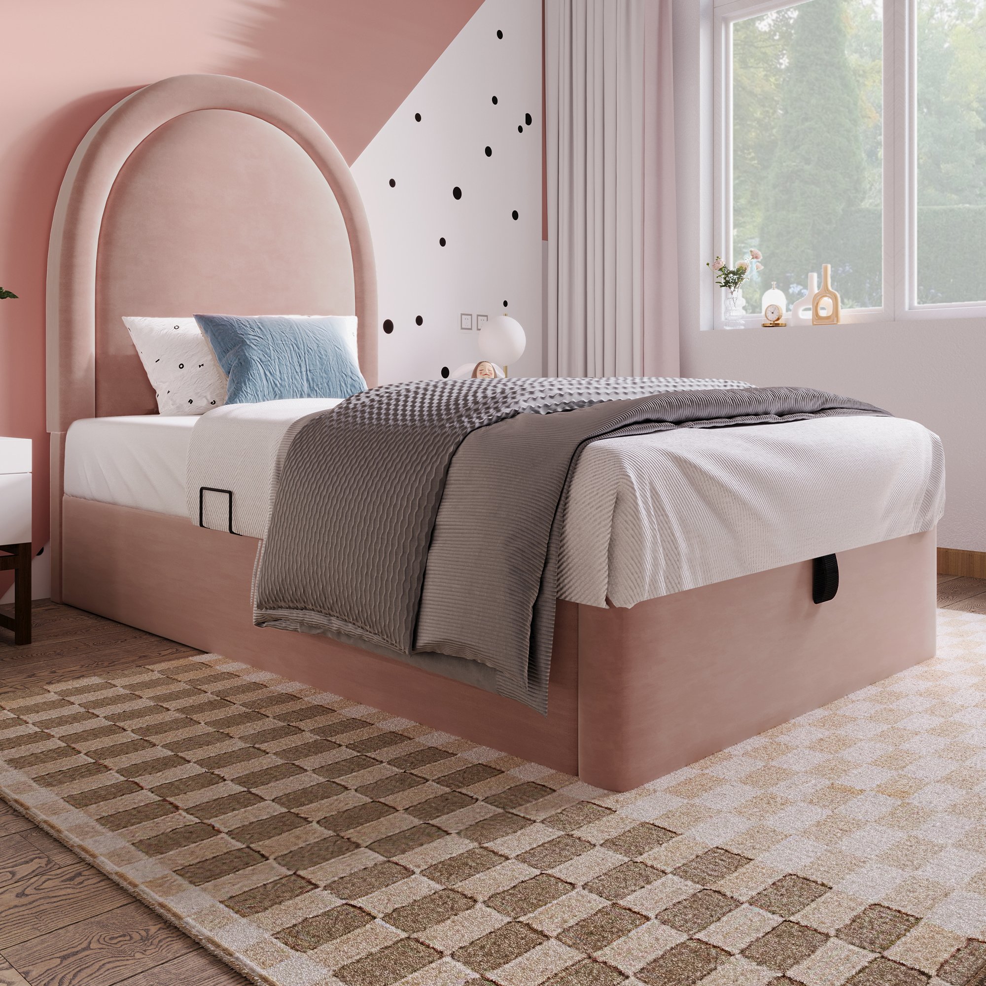 lit coffre simple 90x200 en velours rose avec rangement hydraulique, sommier à lattes et protection anti-poussière