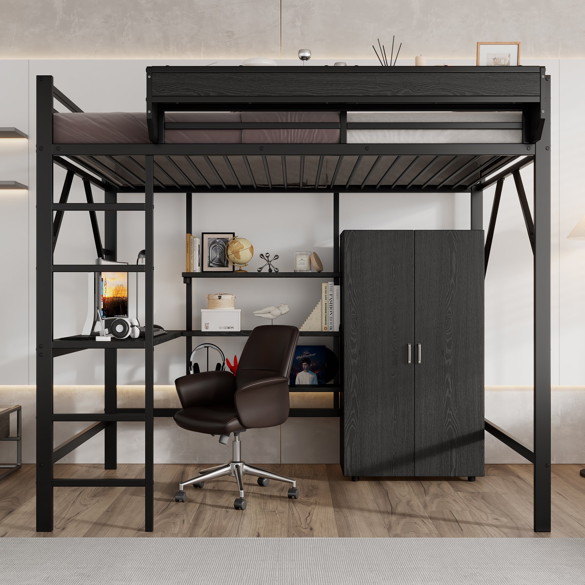 Lit mezzanine avec bureau intégré, rangements sous le bureau et armoire pour enfant, 140x200