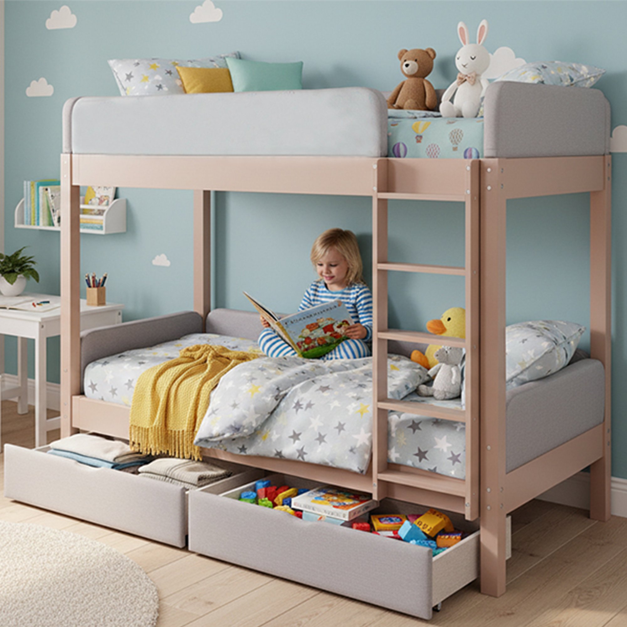 Lit superposé enfant 90x200 avec échelle droite et deux tiroirs, gris et naturel