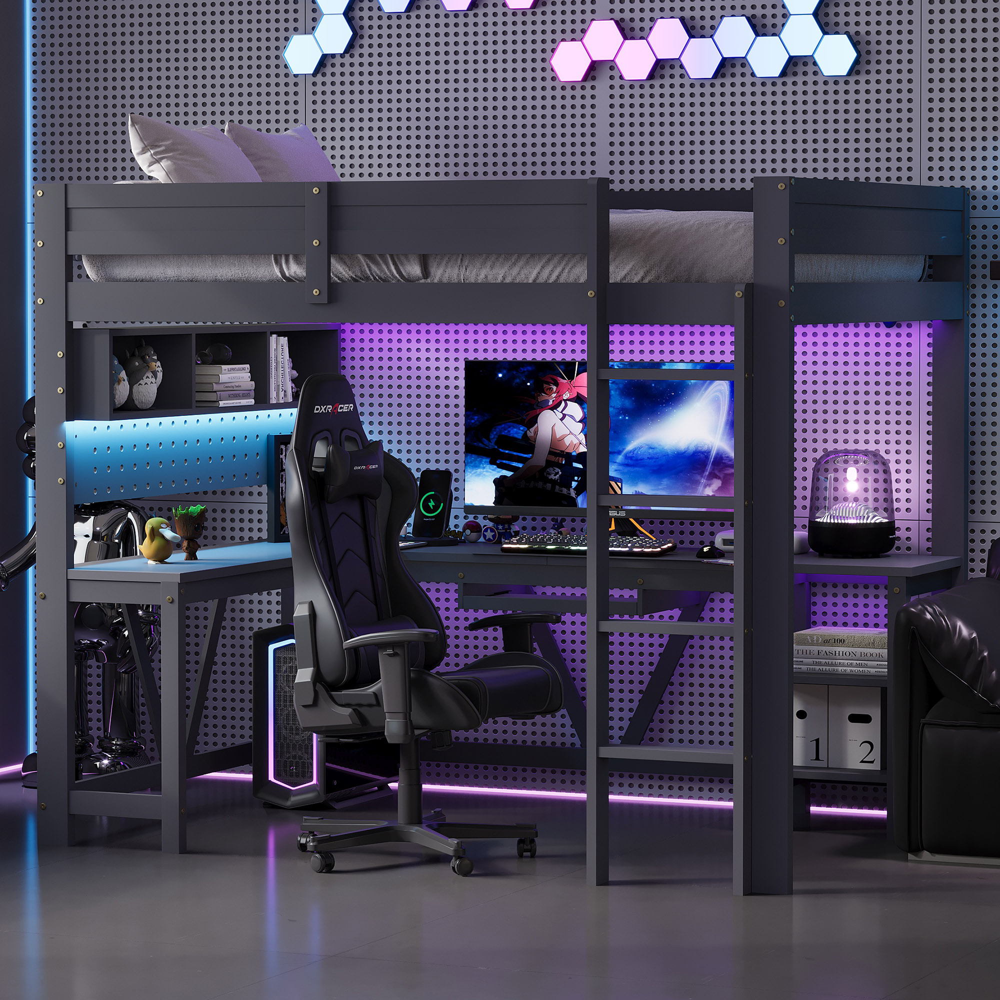 Lit mezzanine avec bureau, rangements et LED, couchage 90x200, chargeur USB intégré