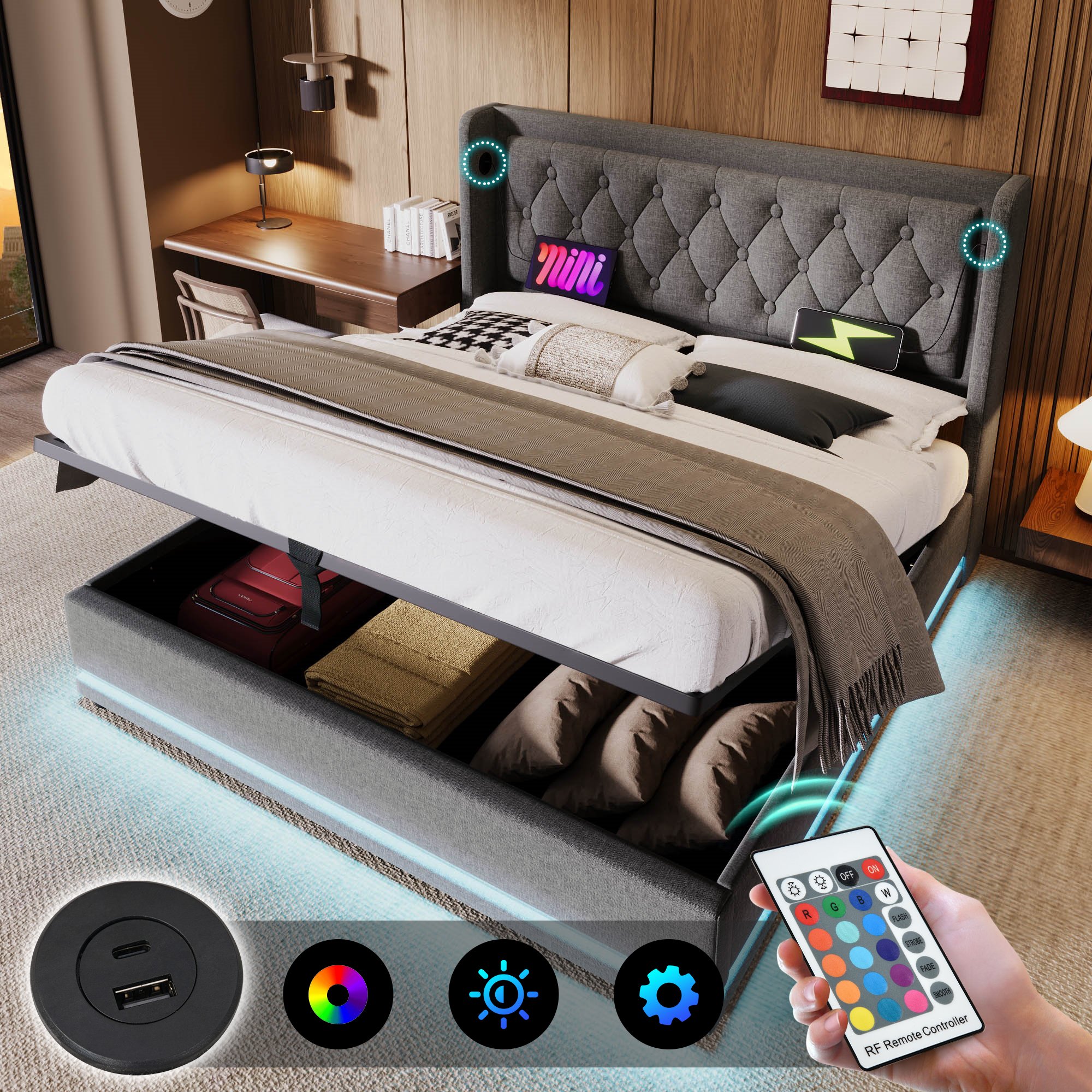 lit coffre 180x200 gris avec LED RGB, USB Type-C et rangement hydraulique, tête de lit rembourrée capitonnée