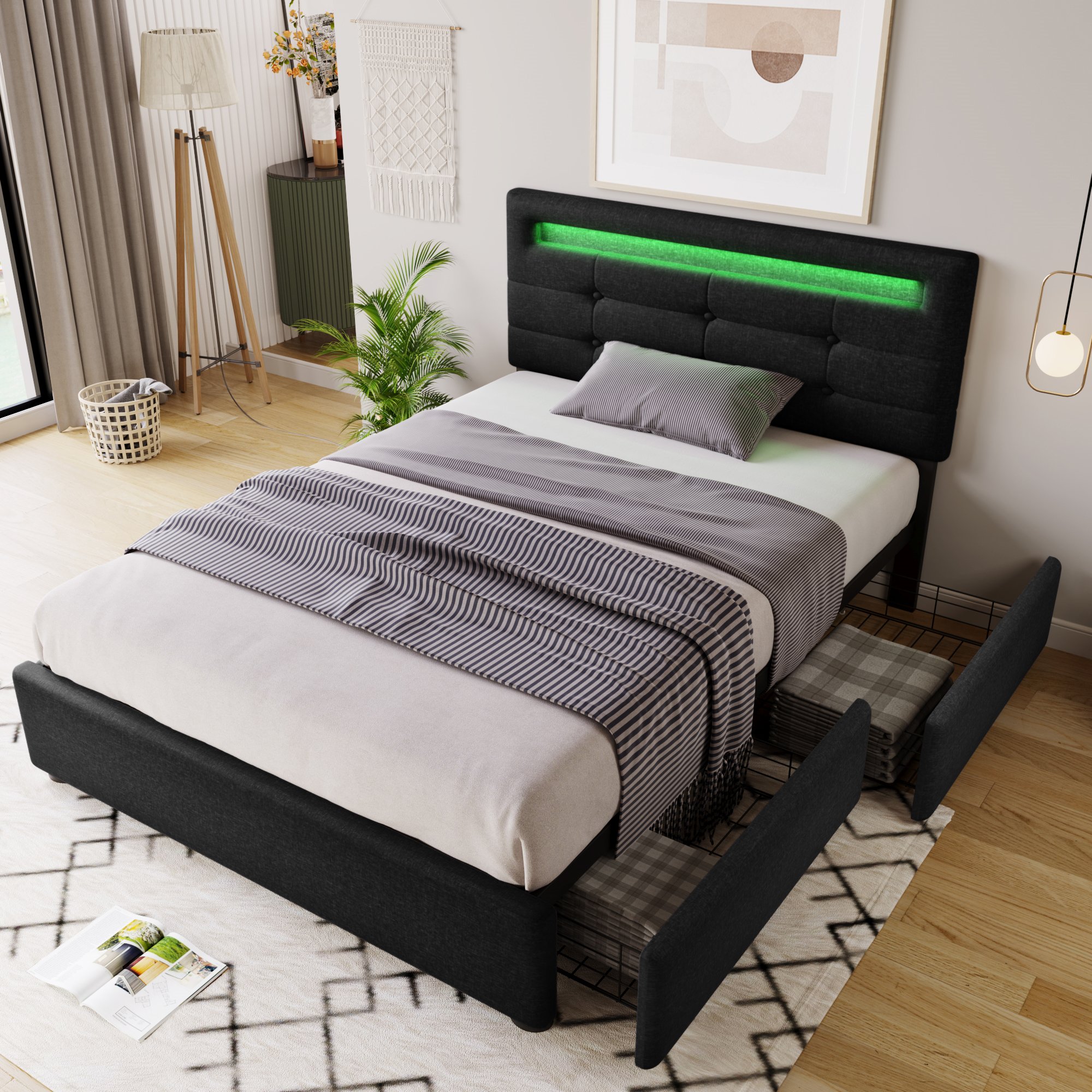 Lit LED 90x200 avec sommier à lattes et 2 tiroirs, cadre de lit rembourré noir ajustable sans matelas