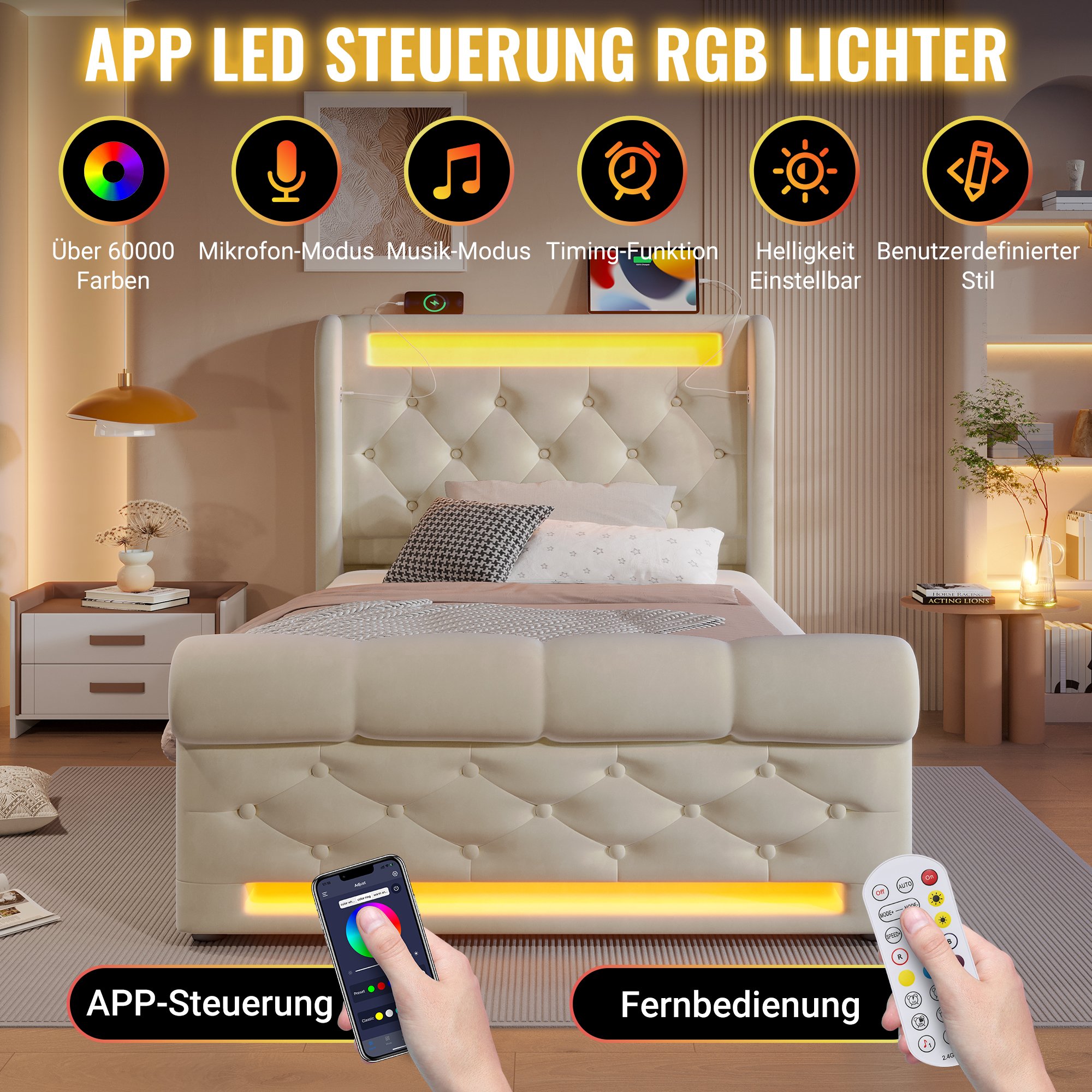 Lit coffre LED 90x200 avec matelas, velours beige, rangement hydraulique et chargeurs USB Type-C intégrés