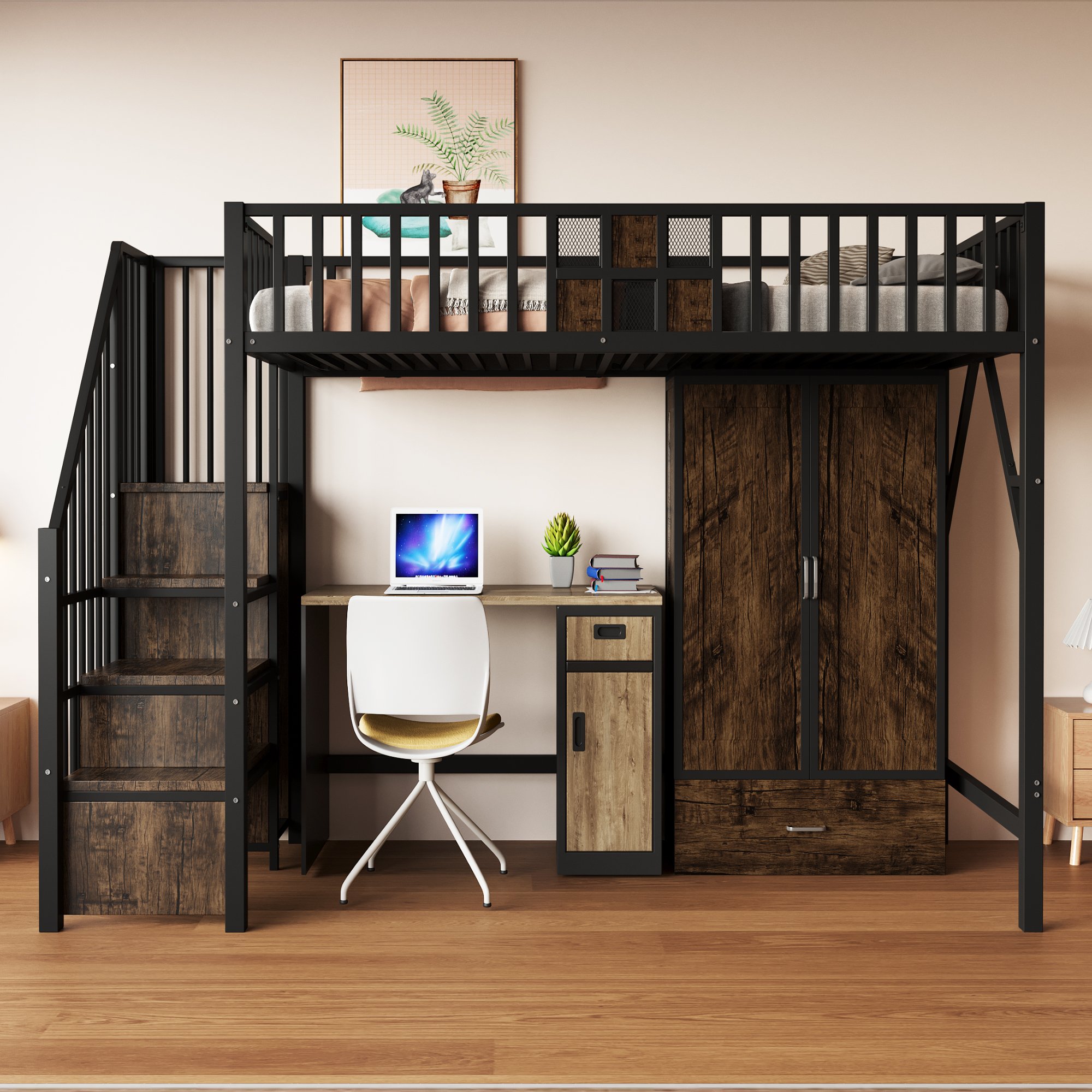 Lit mezzanine 90x200 avec échelle de rangement et armoire intégrée, adulte, métal et bois, noir
