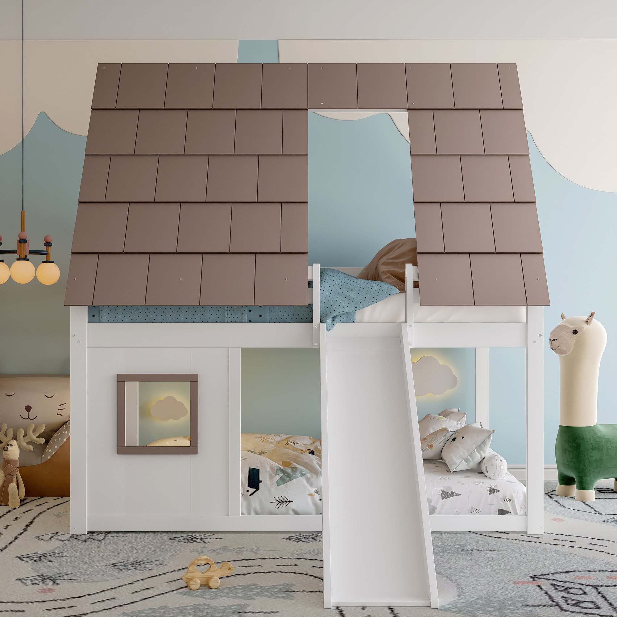 Lit superposé avec toboggan et échelle, 2 couchages 140x200, design maison pour enfants