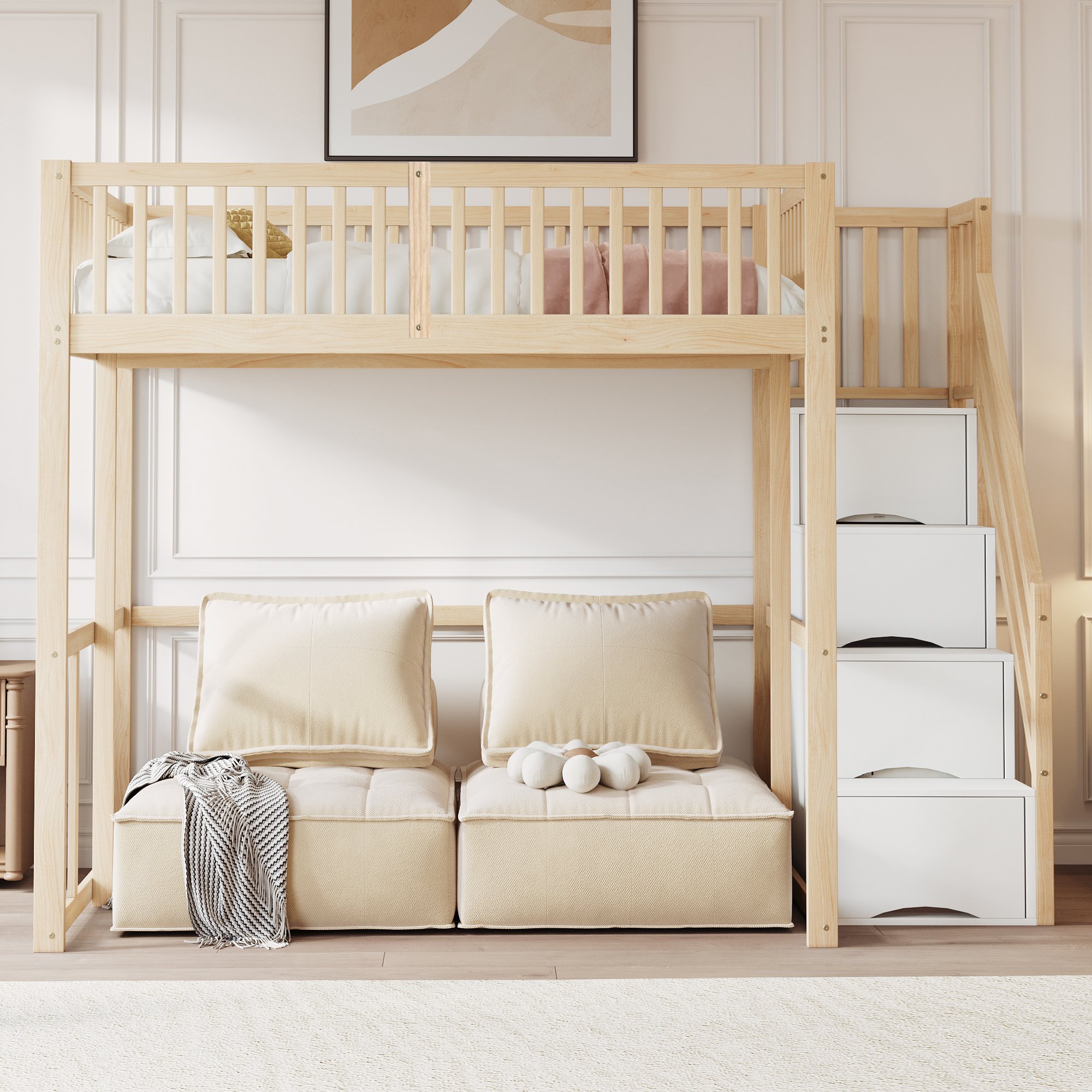 Lit mezzanine 140x200 pour enfant et adulte, avec échelle de rangement et barrière de sécurité
