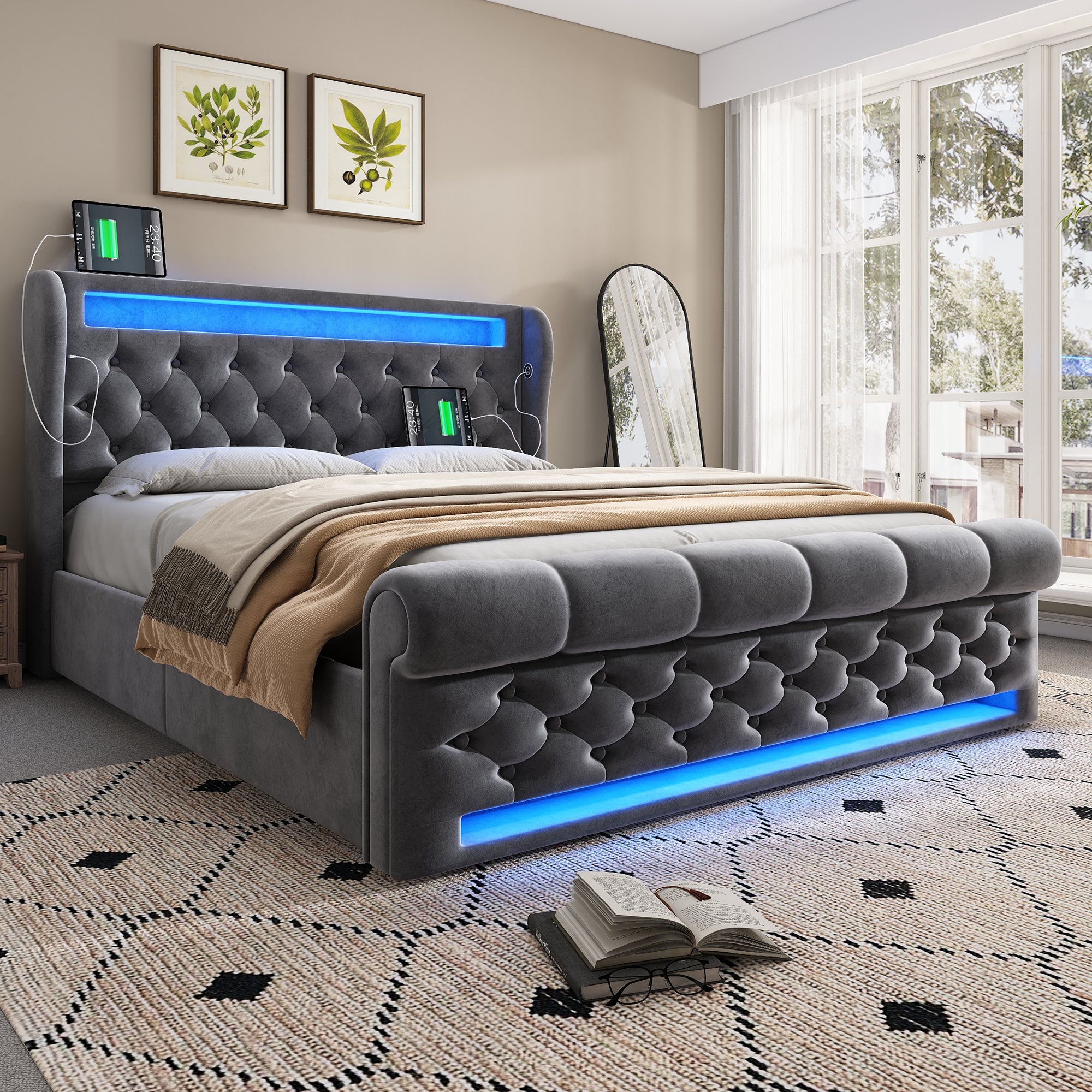 Lit LED 160x200 avec matelas, lit coffre velours gris avec rangement hydraulique, ports USB/Type-C et design contemporain