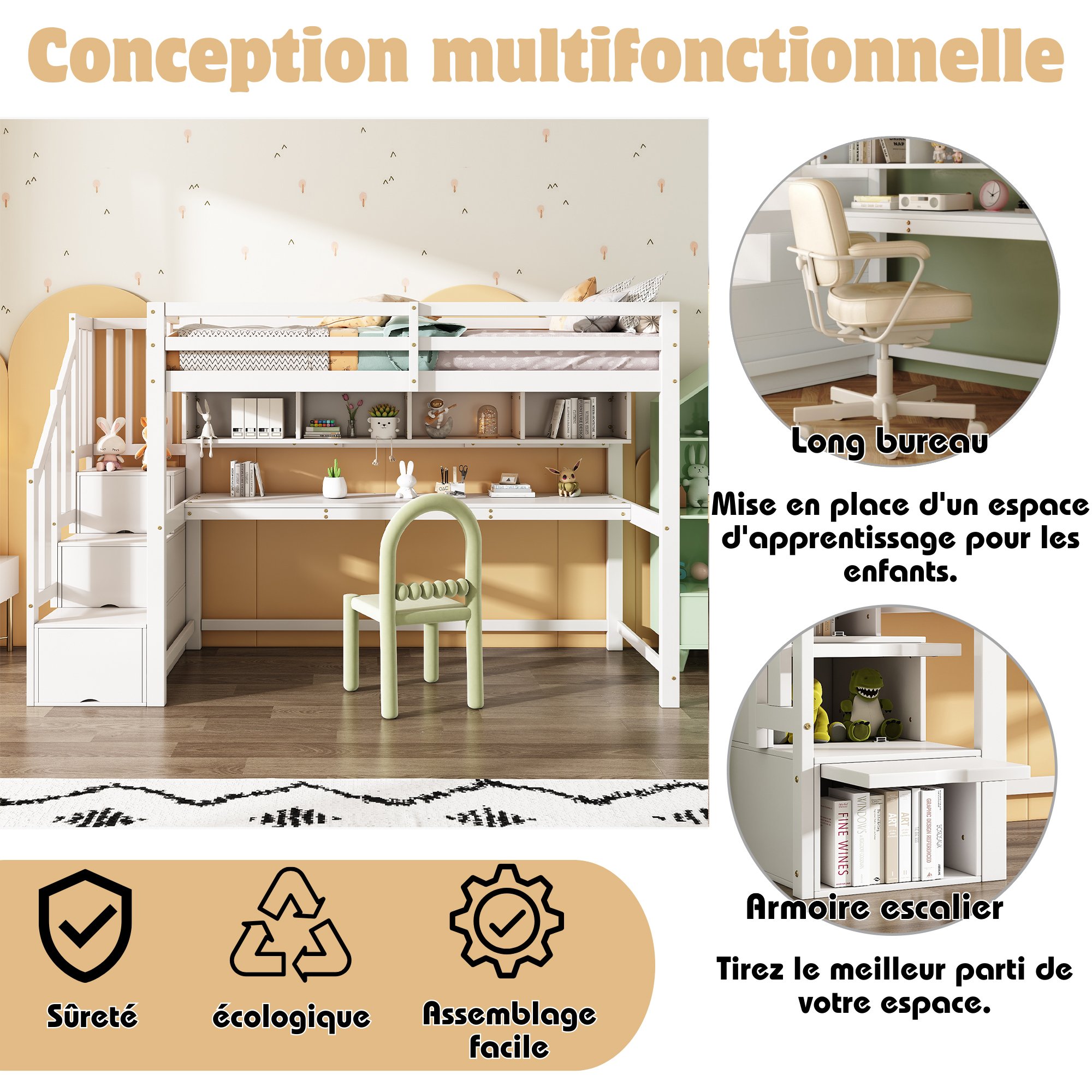 Lit superposé enfant en bois massif blanc, structure robuste avec bureau intégré et échelle de rangement sécurisée pour chambre