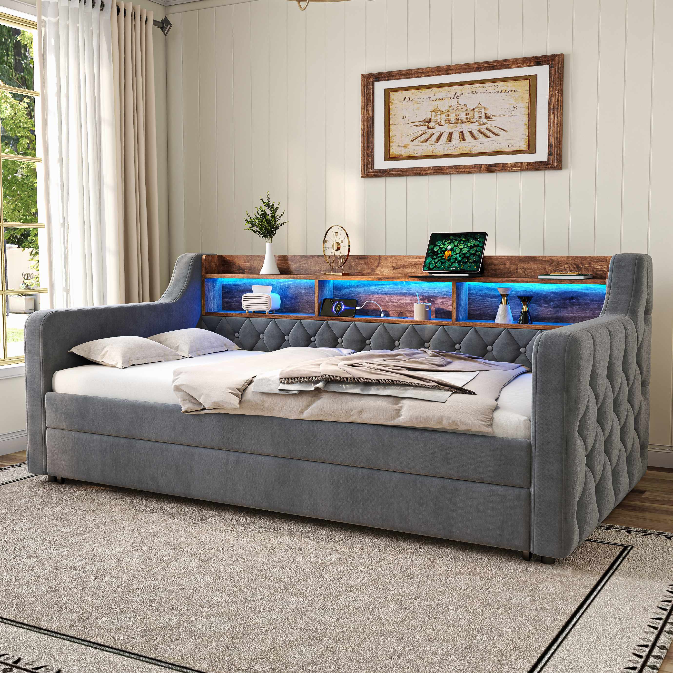 Lit coffre 90x190 cm en velours gris, structure métal-bois, sommier à lattes, LED