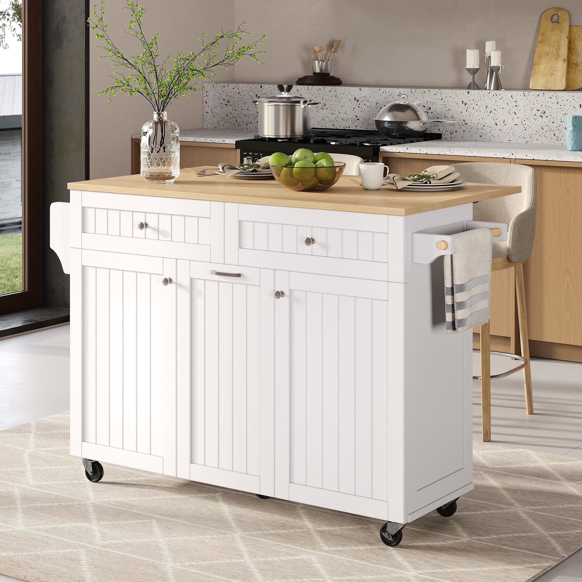 Îlot de cuisine extensible avec plan de travail rabattable, rangements multifonctions et tiroirs, sur roulettes, 140x40x92 cm